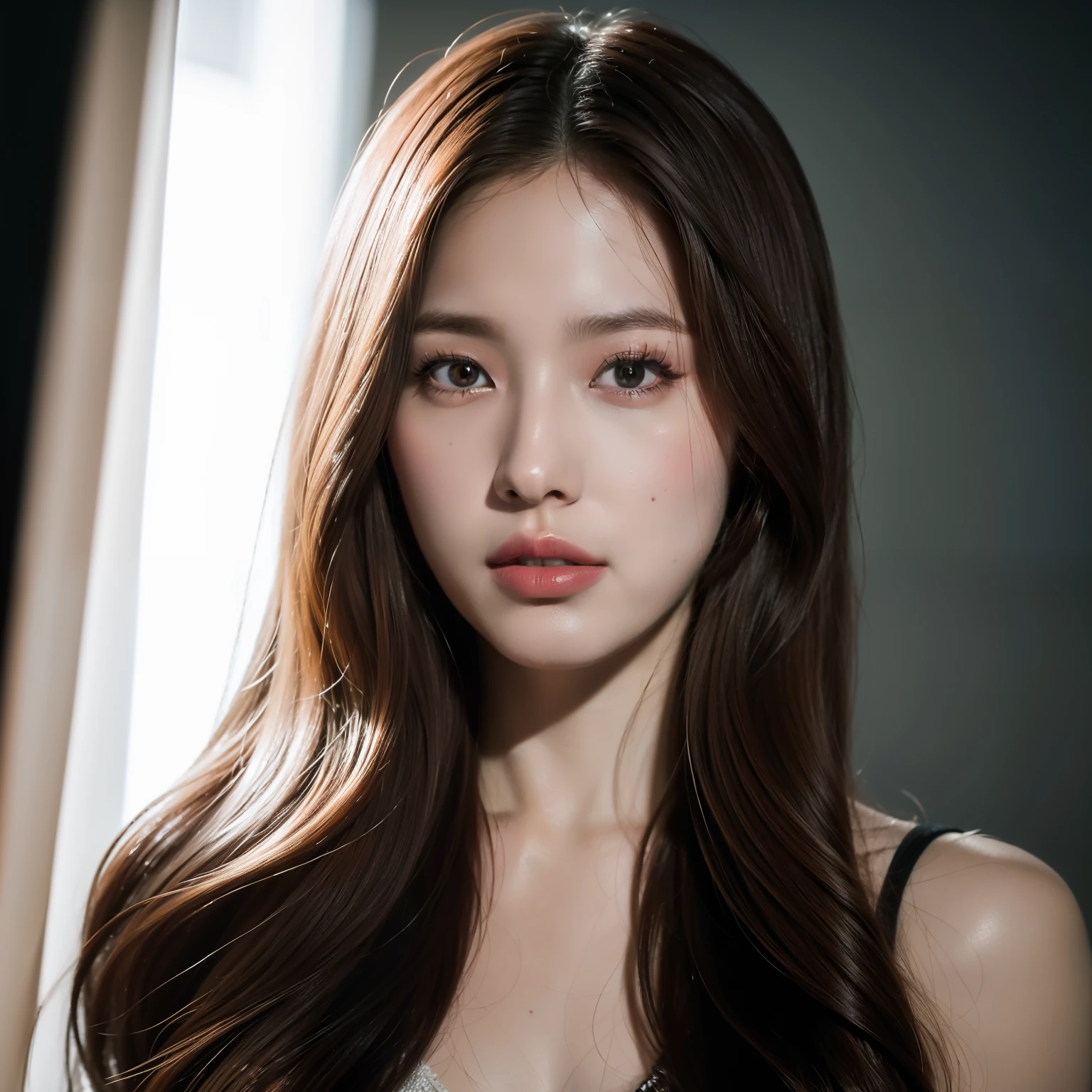 long whitr hair, White, long eyelasher, Redlip, chiaroscuro, UHD, best quality, super detail, anatomically correct, high details, high quality, highres, 4K