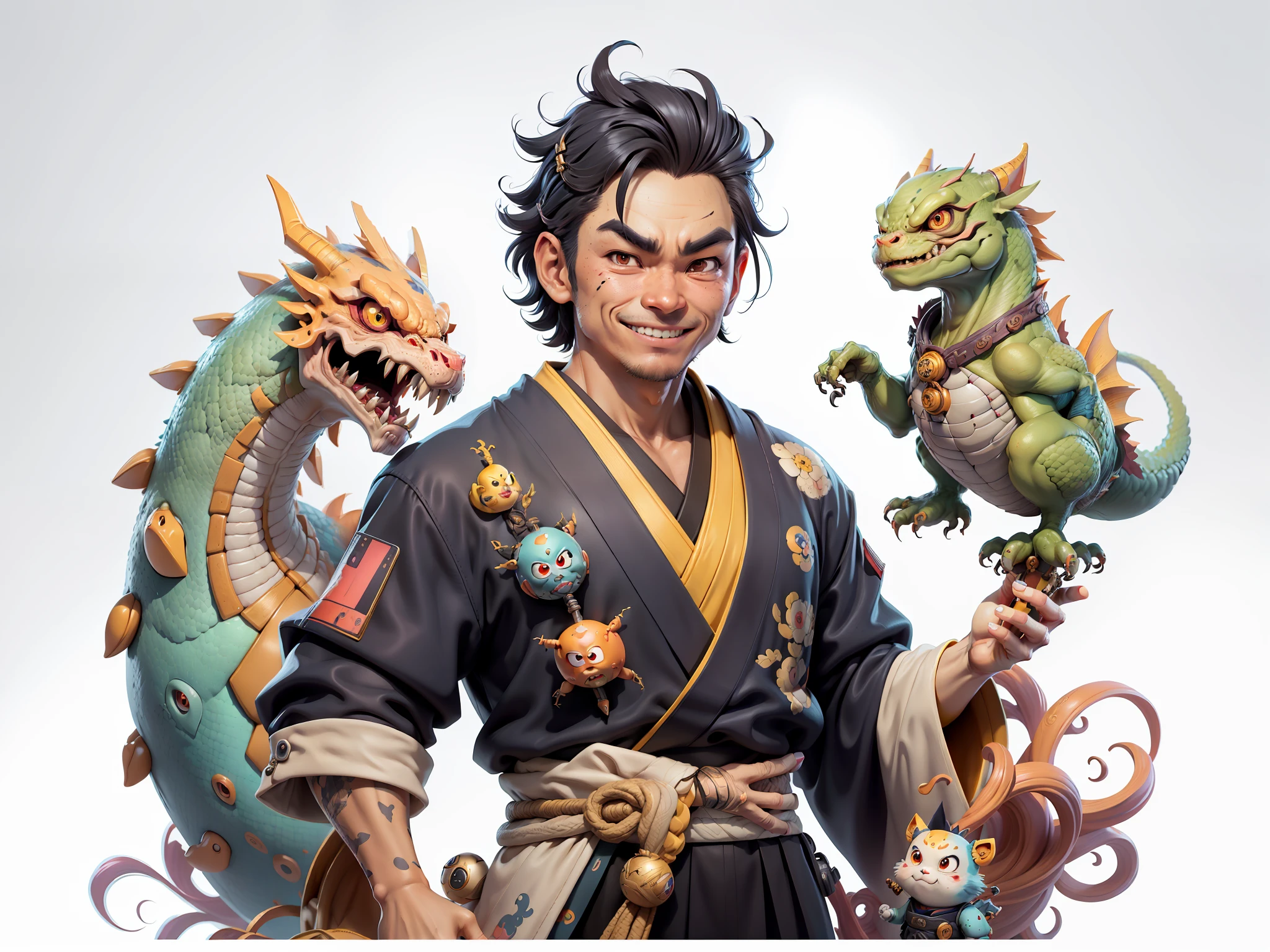 (Daisaku),(Need),(Super meticulous),(full bodyesbian:1.2),Super young man with Japanese geisha,Beautiful,Oriental dragon,Aeolian Thor,Raised sexy,爆乳,Oriental face,TV Anchor,Bust portrait illustration,In black suit,a blue tie,The face is slightly chubby,The face was clean,without a beard,Black super short hair,Black eyes,Smile confidently,3C computer sub-products,iPad, iphone,Digital painting,3D character design by Mark Clairen and Pixar and Hayao Miyazaki and Akira Toriyama,The illustration is a high-definition illustration in 4K resolution,With very detailed facial features and cartoon-style visuals。