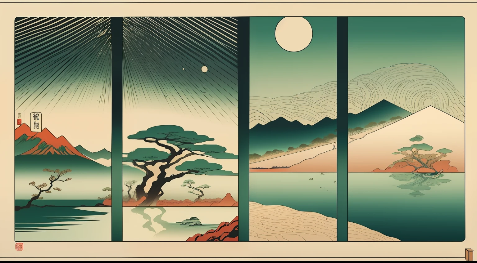 Paisagem minimalista em estilo hiroshige, com poucos elementos e muita intensidade expressiva no espirito de wabi-sabi com elementos inspiradores com referencia psicologicas positivas e de felicidade e sabedoria