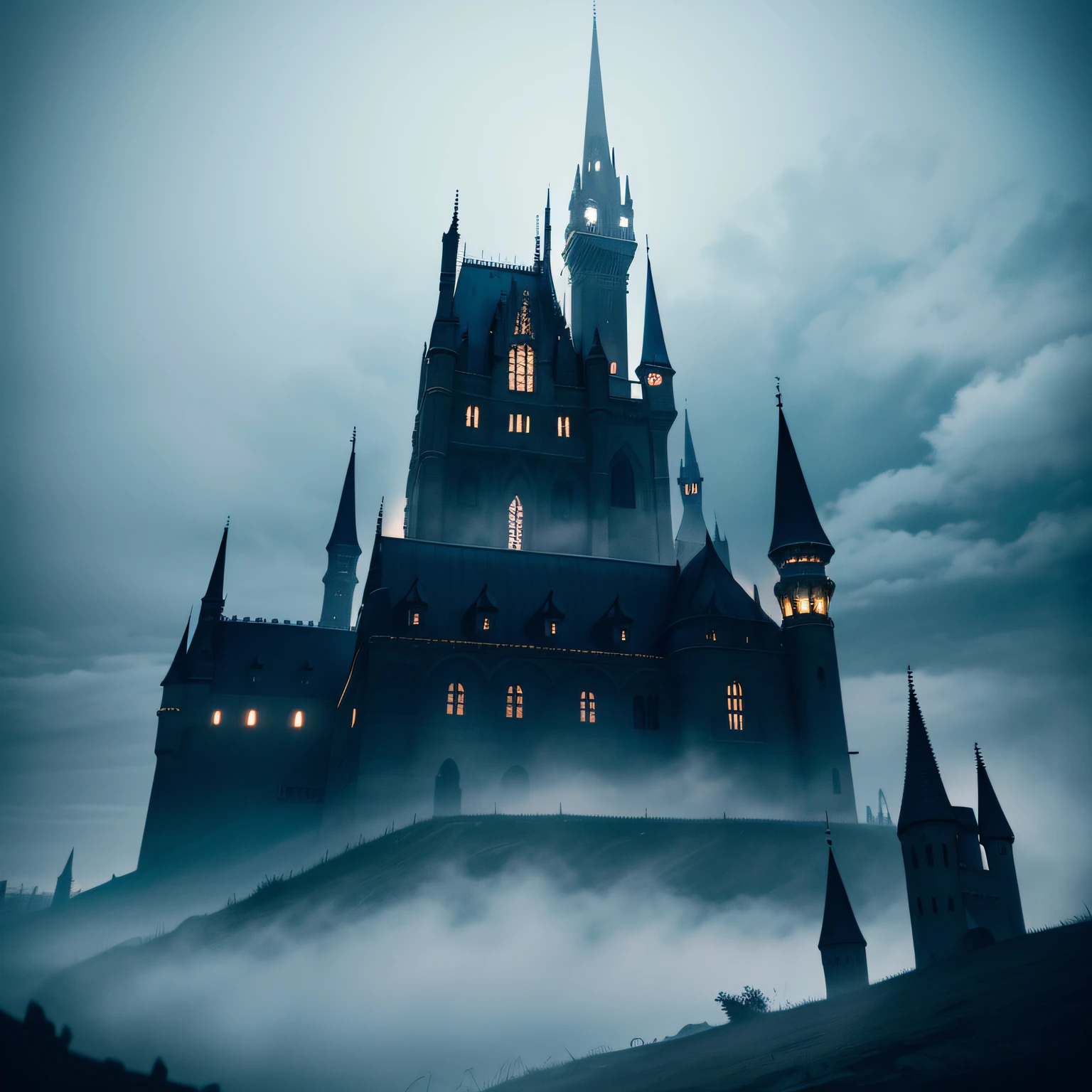 Dark and mysterious castle surrounded by thick fog, looming in the moonlight, with Gothic architecture and intricate details