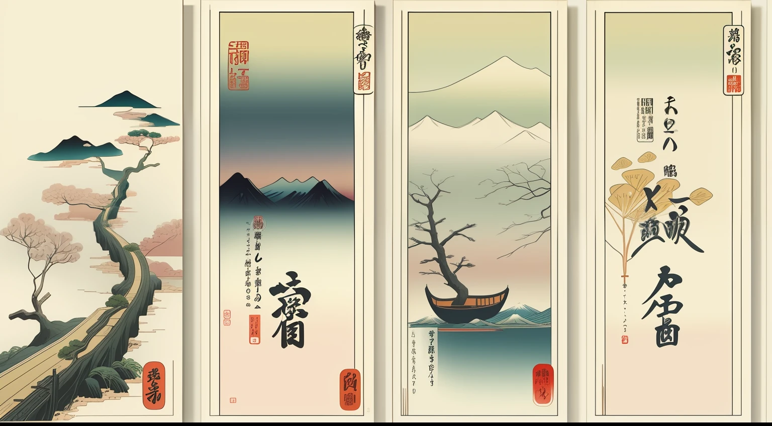Paisagem minimalista em estilo hiroshige, com poucos elementos e muita intensidade expressiva no espirito de wabi-sabi com elementos inspiradores com referencia psicologicas positivas e de felicidade e sabedoria