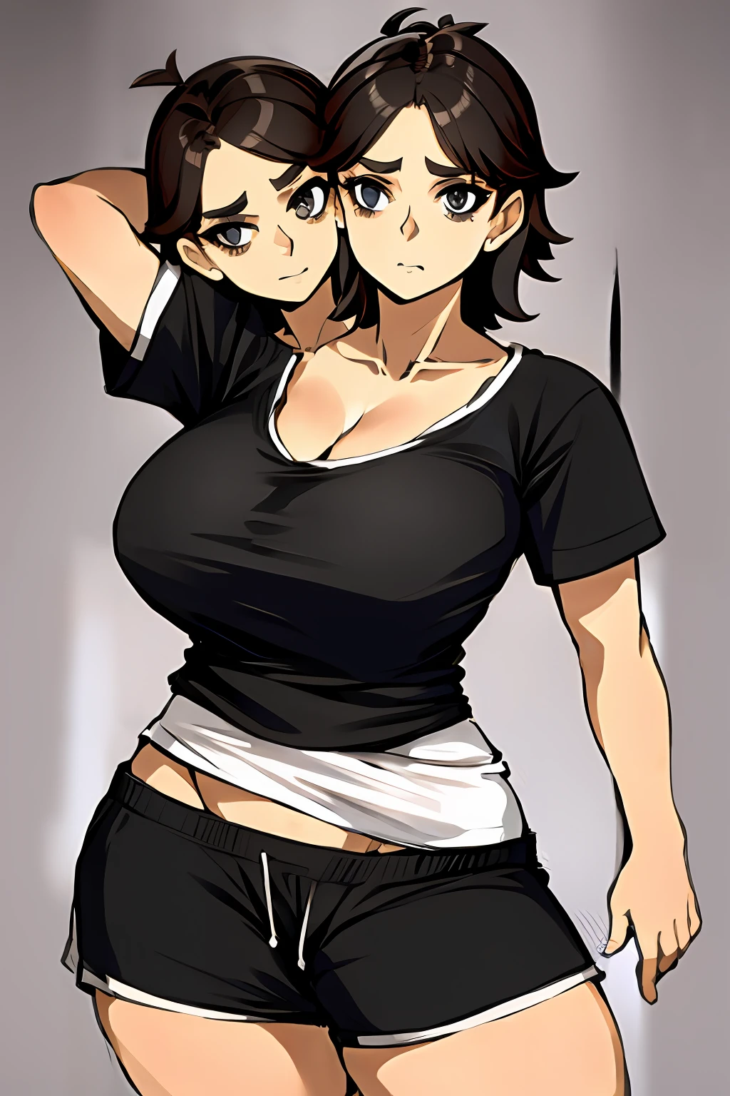2heads, a short chubby woman with 2 heads. She has enormous breasts. She is wearing just a t-shirt and shorts. She looks sleepy. She is in a bedroom. She has massive breasts. Her nipples are enormous and erect, and can be seen poking through her shirt. Her breasts are gigantic.