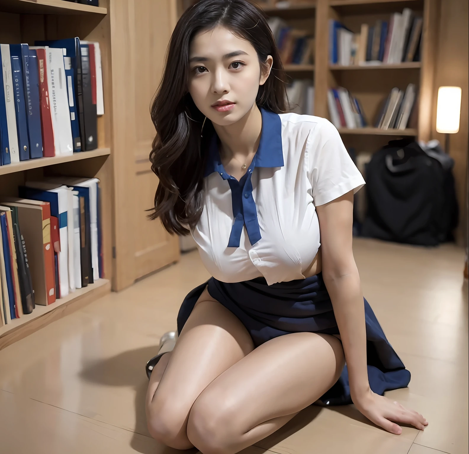 Best quality, Masterpiece, 超高分辨率, Photorealistic, A girl, (Pretty face:1.4), White shirt with blue collar,Flesh-colored stockings (Large of breast, Narrow waist), Long hair, In the library,sat on the ground，Full body photo， Bokeh, Beautiful lighting, Shiny skin