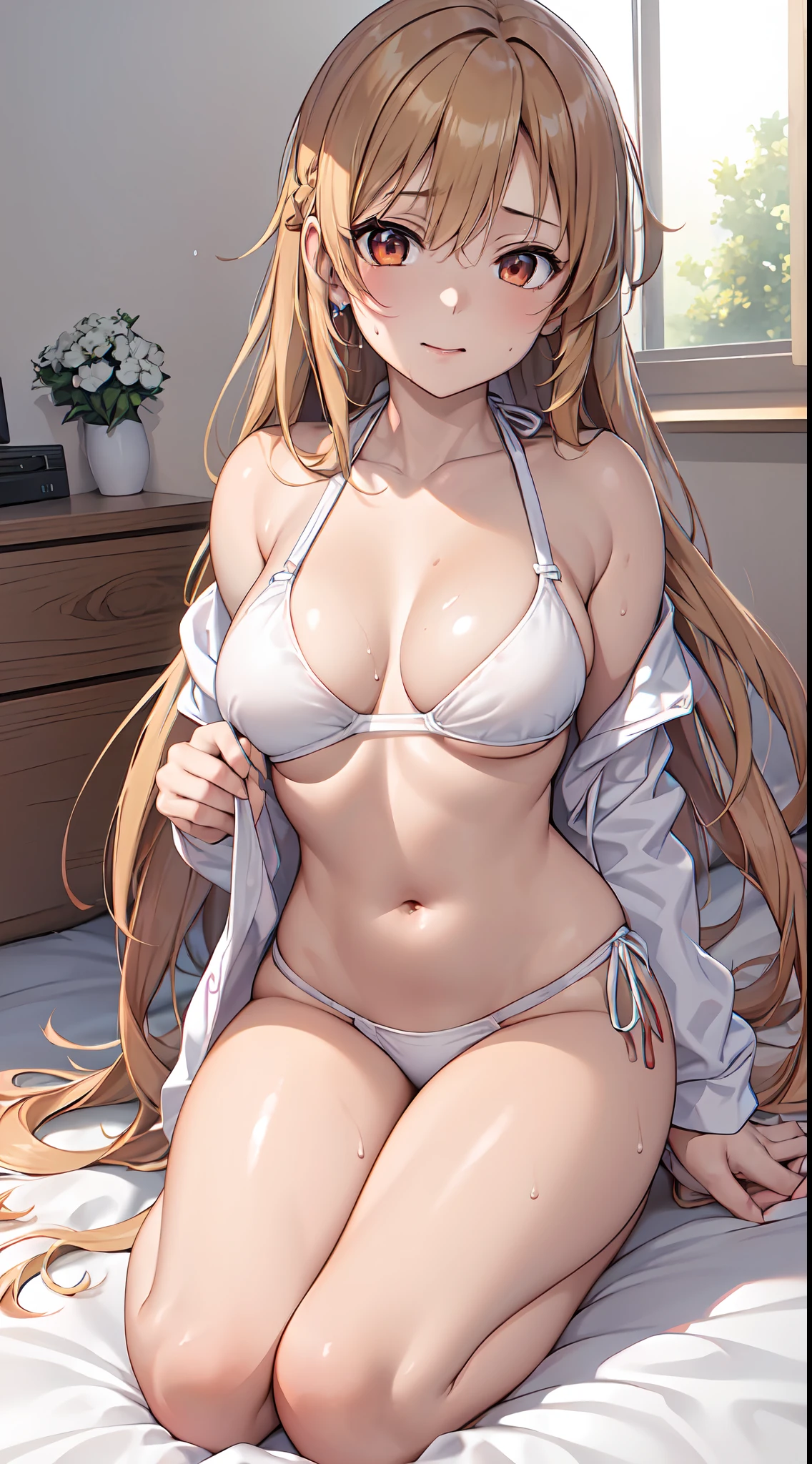 Official art、(Highly detailed CG Unity 8K:1.3)、Perfect litthing、colourfull、Bright Front face Illuminating、(Skindentation),
(Master Pieces:1.0), (best_quality:1.0), Super Hi-Vision, super detailing,upper view, Sweat,Seductive smile,(negligee:1.2),(jacket lift:1.2),
Photo Shot、(8K)、nffsw、hight resolution、absurderes: 1.2、Kodak Portra 400、film grains、Background blur、bokeh dof: 1.2、(lensflare:1.2)、(vivd colour:1.2),
(Full body:1.4),during daytime、Sunsight、ninjartist, Bare shoulder、Colabé、earrings,Face up,(Sword Art Online),((Asuna)),((Asuna Yuki)),(White underwear),(Bra with red ribbon:1.3)
((Orange Eyes))、Parted bangs、White ribbon on head、Beautiful breasts、perspiring、length hair、(chestnut-colored hair,Maroon hair:1.5)、hugetits、(Solo:1.5),on the beds,SUI_Back,SUI_Side
(a 1 girl:1.5)、18year old、High school students、Beautiful Finger、beautiful long leg、Beautiful body、Beautiful nose、Beautiful character design、Perfect eyes、face perfect、a navel、Beautiful hair,Sweat,Animated,cleavage,bikini of, Bra, Panties, ((Wet clothes, cleavage cutout, Bare legs, Exquisite cloth,beautifully detailed eyes,Breast squeeze)), (Portrait)
(lovly,Large breasts:1.4)、(Beautiful face:1.5)、(narrowwaist)、delicate patterns、intricate detailes、an anime girl、A seductive anime girl、beautiful alluring anime woman、Beautiful charming anime teen、Smooth Anime CG Art、Beautiful anime girl、charming anime girls、The best girls in anime、beautiful anime woman、oppai、Ecchi anime style、lascivious,Exquisite cloth,white brassiere、Highly detailed bra、(Very small bikini:1.5)、Ren Hao、Lace-trimmed legwear、delicate patterns、intricate detailes、red blush、shinny skin、oestrus,(Black stockings:1.3),(Style image of woman in white bikini sleeping on bed:1.5)、A seductive anime girl、Small curved ****、Smooth Anime CG Art、beautiful alluring anime teen、photorealistic anime girl render、beautiful alluring anime woman、animesque,Soft lighting、Beautiful anime girl、charming anime girls、Perfect body with realistic shading、Photorare