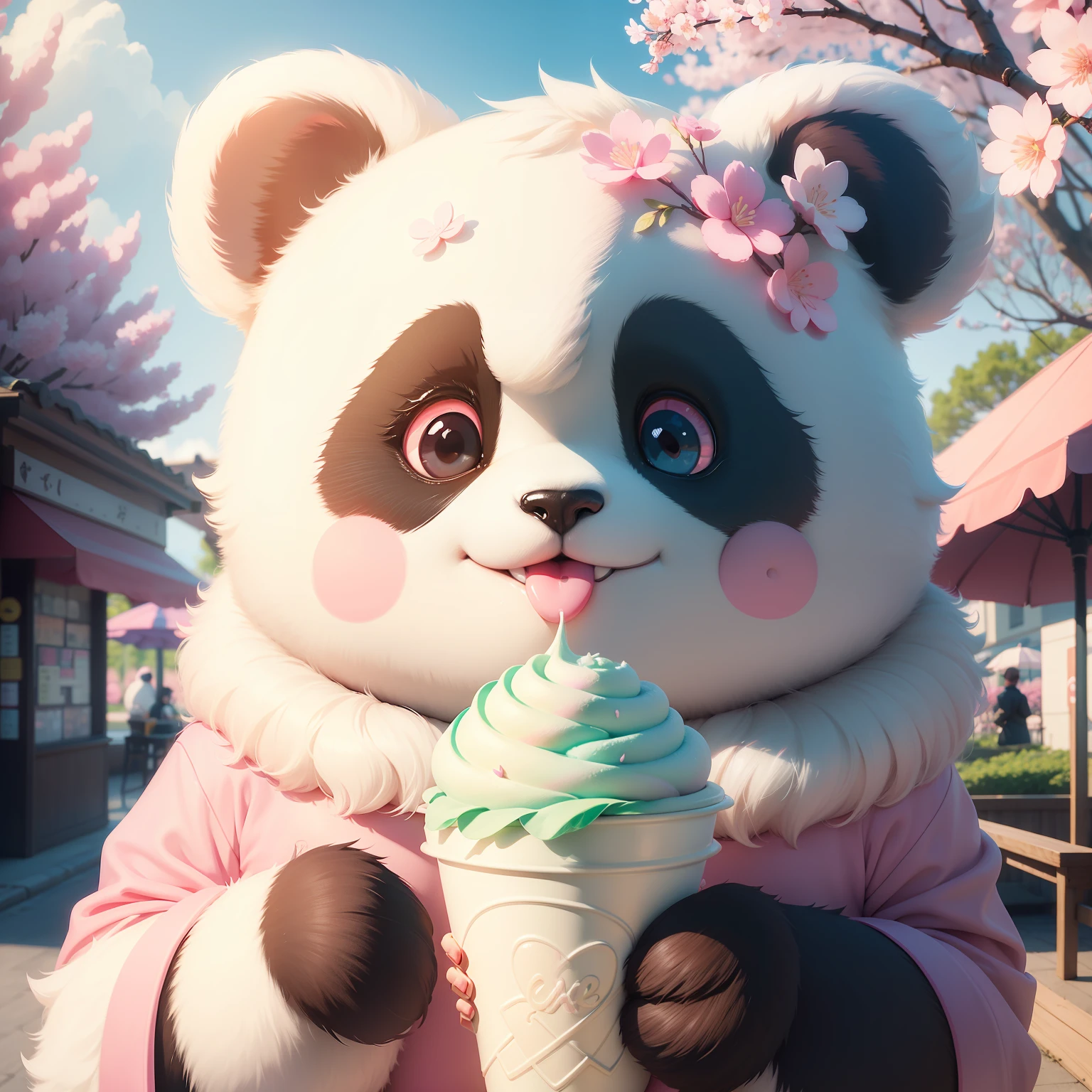 A panda with pink eyes holding an ice cream smiling happily under cherry blossoms with bright pastel colors in the style of Studio Ghibli, trending on Pixiv. UHD, chromatic aberration.