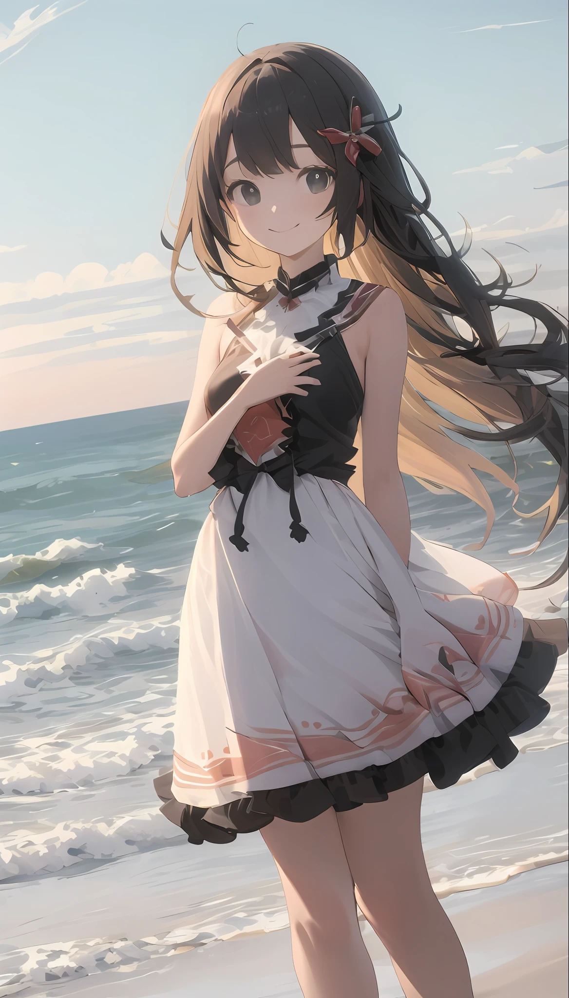 (masterpiece、top-quality), 1girl in, Very long hair, 独奏, side locks, robe blanche, a smile, bluntbangs, Sandor, plein air, A dark-haired, Mare, the beach, black eyes, is standing, Skysky, sleeveless dress, tag, red blush, tiny chest, foot out of frame, bare shoulders, clouds