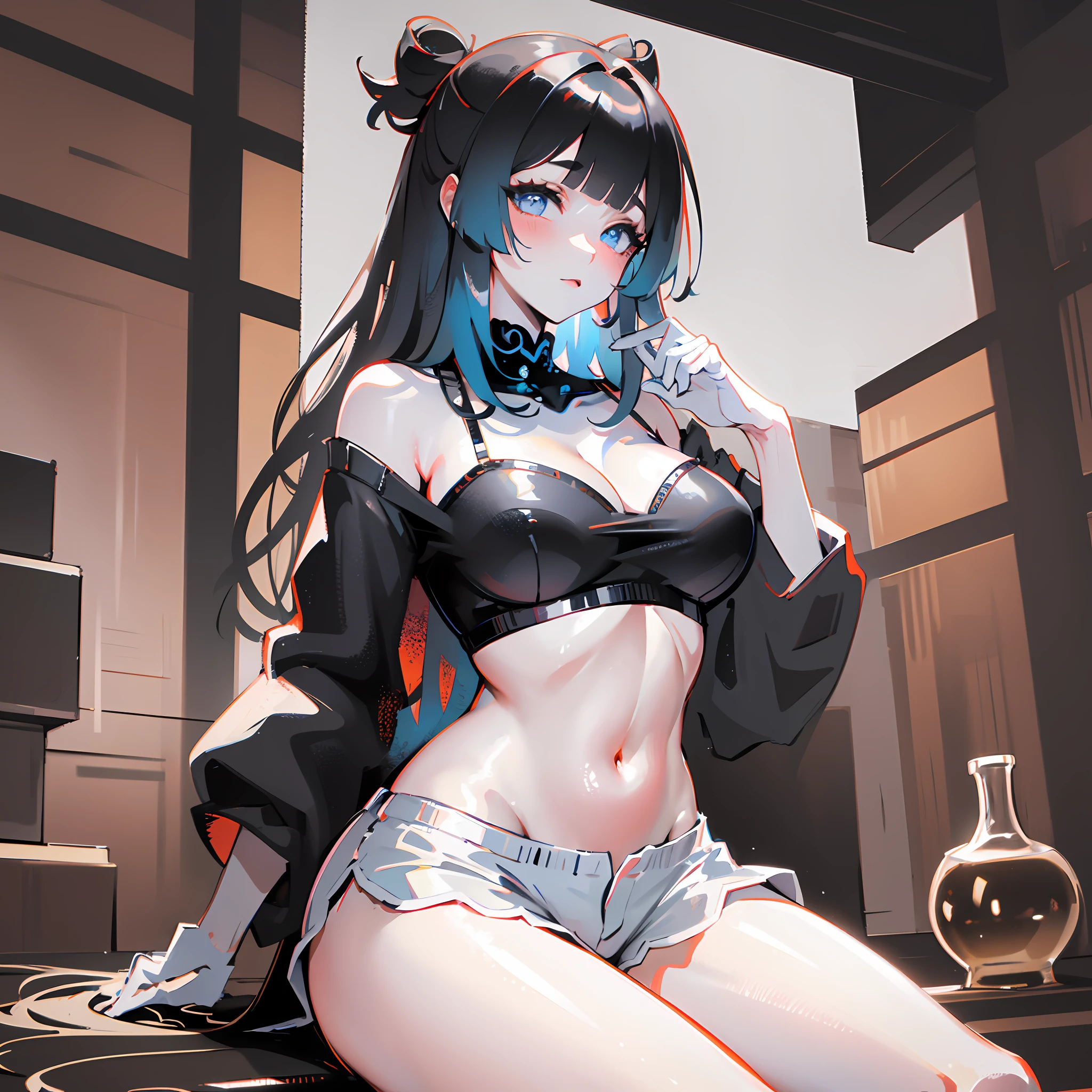masterpiece, best quality, 1girl, aqua eyes, black hair, closed mouth, multicolored background, looking at viewer, outdoors, solo, upper body, alluring, clean, beautiful face, pure face, pale skin, sexy pose,((tube top, off shoulder, navel, shorts)), long hair, ((perfect female figure)), mature female, milf, narrow waist, chinese deity, seductive, highly detailed,best quality, masterpiece, highres, original, extremely detailed 8K wallpaper,masterpiece, best quality, illustration, beautifully detailed eyes, cinematic lighting,