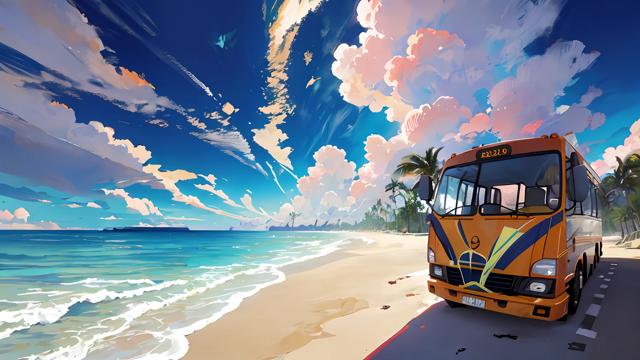 Bus on the road in beach side, for business card, beach, coconut tree