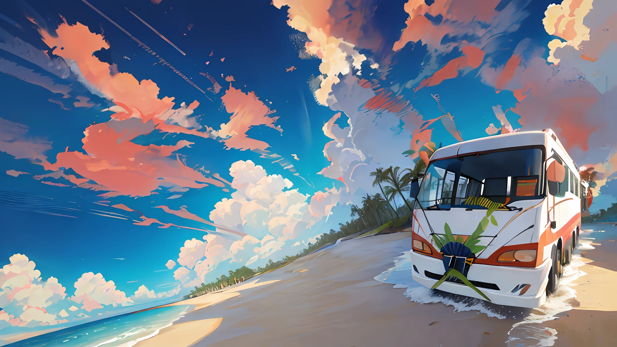 Bus on the road in beach side, for business card, beach, coconut tree