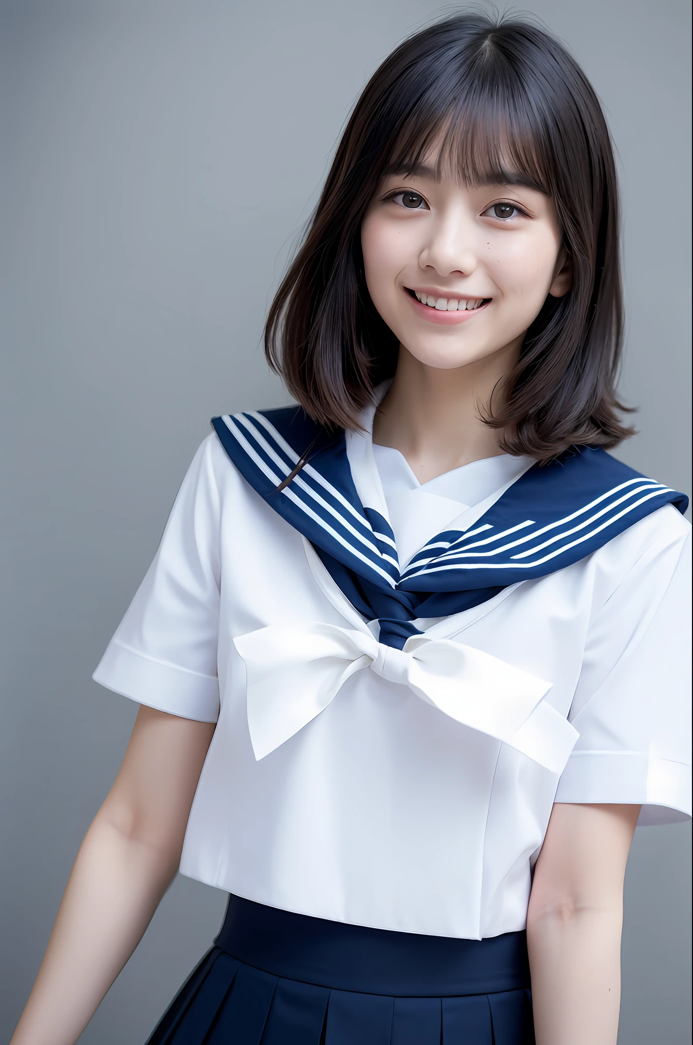((Realistic lighting、top-quality、in 8K、​masterpiece:1.3))、Clear focus:1.2、1girl in、Perfect Body Beauty:1.4、Slim abs:1.1、((Black hair middle straight、small tits))、(White Sailor School Uniform、Navy blue skirt:1.5)、(Schools)、Idol、Super fine face、finely eye、二重まぶた、dark brown eyes、(bangss)、(hyper pretty face:1.5), (Japan  Woman:1.5),　(sixteen years old)、Beautie、hi-school girl、a smile