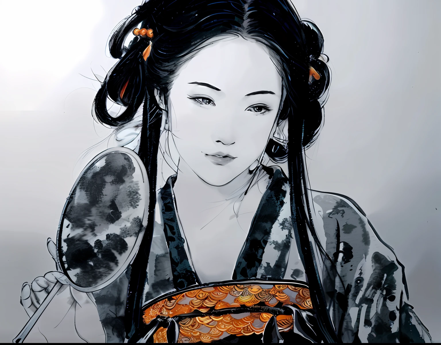 Woman painted by Alaferd，Mirror and hair in hand, inspired by Otake Chikuha, Images, inspired by Yun-Fei Ji, inspired by Chen Yifei, inspired by Zhang Shuqi, Chinese woman, inspired by Kitagawa Utamaro, Portrait of a geisha, portrait of a japanese girl, Traditional Chinese painting