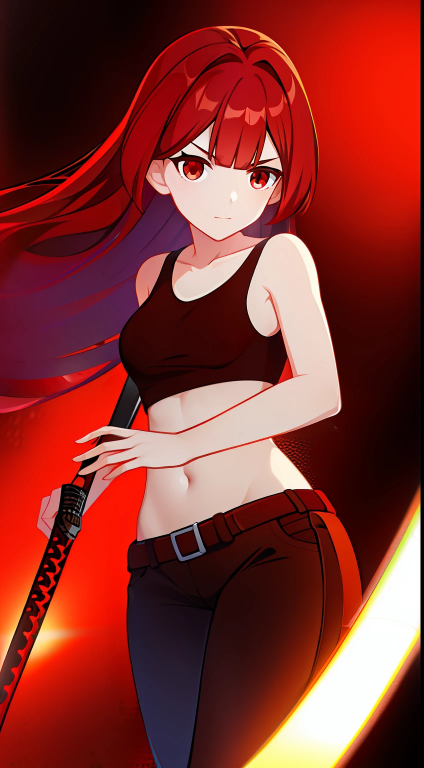 young girl, Long red hair, Brown eyes, sleeveless T-shirt, open belly, camouflaged pants, Katanas, Masterpiece, hiquality