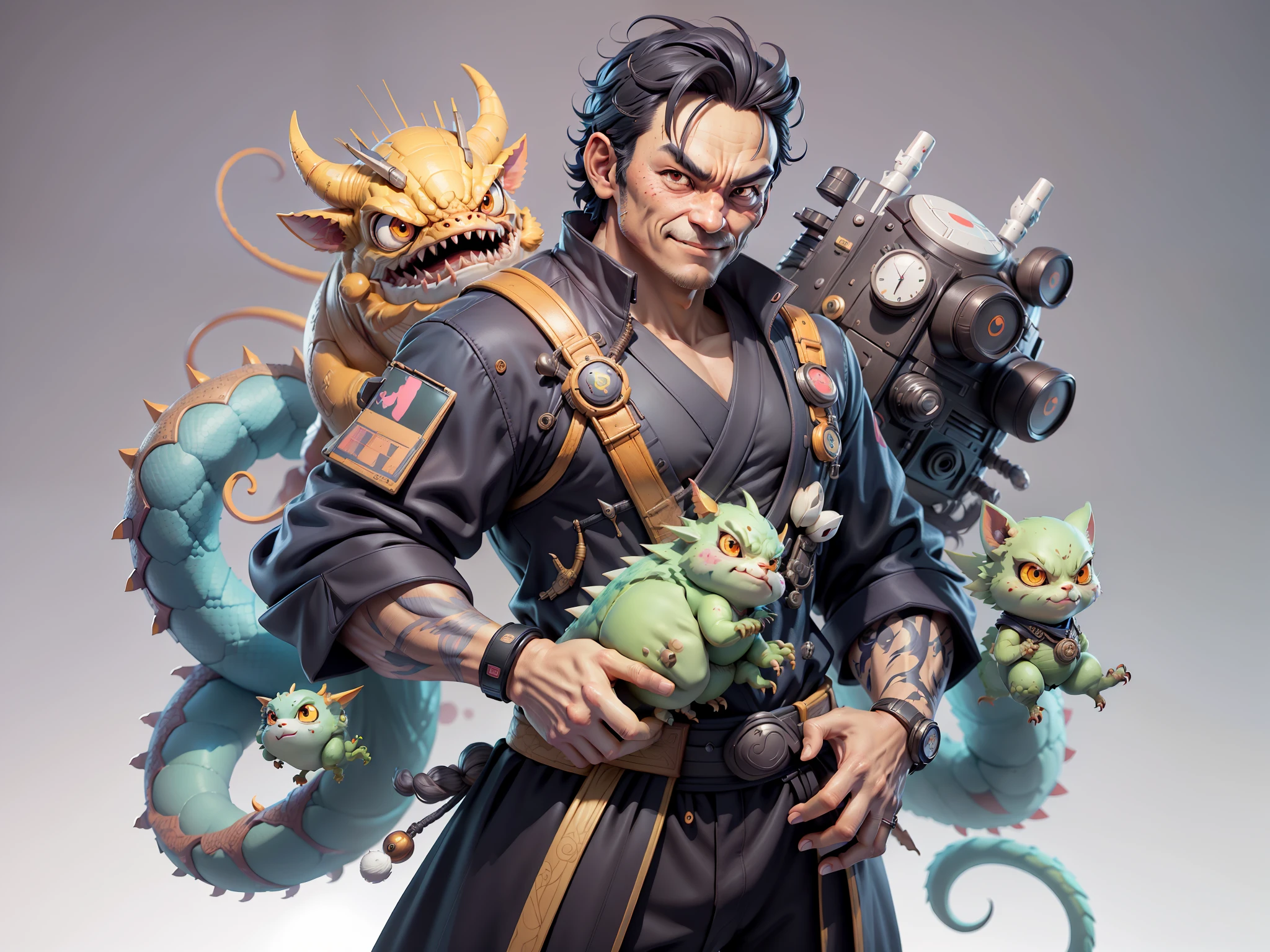 (Daisaku),(Need),(Super meticulous),(full bodyesbian:1.2),Super young man with Japanese geisha，Beautiful，Oriental dragon，Aeolian Thor，Raised sexy，爆乳，Oriental face，TV Anchor，Bust portrait illustration，In black suit，a blue tie，The face is slightly chubby，The face was clean，without a beard，Black super short hair，Black eyes，Smile confidently，3C computer sub-products，iPad， iphone，Digital painting，3D character design by Mark Clairen and Pixar and Hayao Miyazaki and Akira Toriyama，The illustration is a high-definition illustration in 4K resolution，With very detailed facial features and cartoon-style visuals。