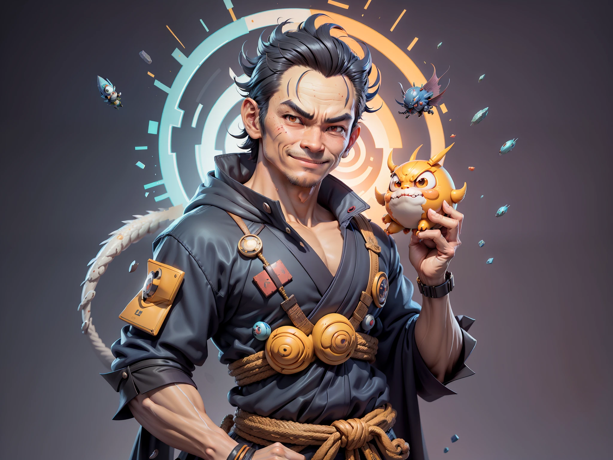 (Daisaku),(Need),(Super meticulous),(full bodyesbian:1.2),Super young man with Japanese geisha,Beautiful,Oriental dragon,Aeolian Thor,Raised sexy,爆乳,Oriental face,TV Anchor,Bust portrait illustration,In black suit,a blue tie,The face is slightly chubby,The face was clean,without a beard,Black super short hair,Black eyes,Smile confidently,3C computer sub-products,iPad, iphone,Digital painting,3D character design by Mark Clairen and Pixar and Hayao Miyazaki and Akira Toriyama,The illustration is a high-definition illustration in 4K resolution,With very detailed facial features and cartoon-style visuals。