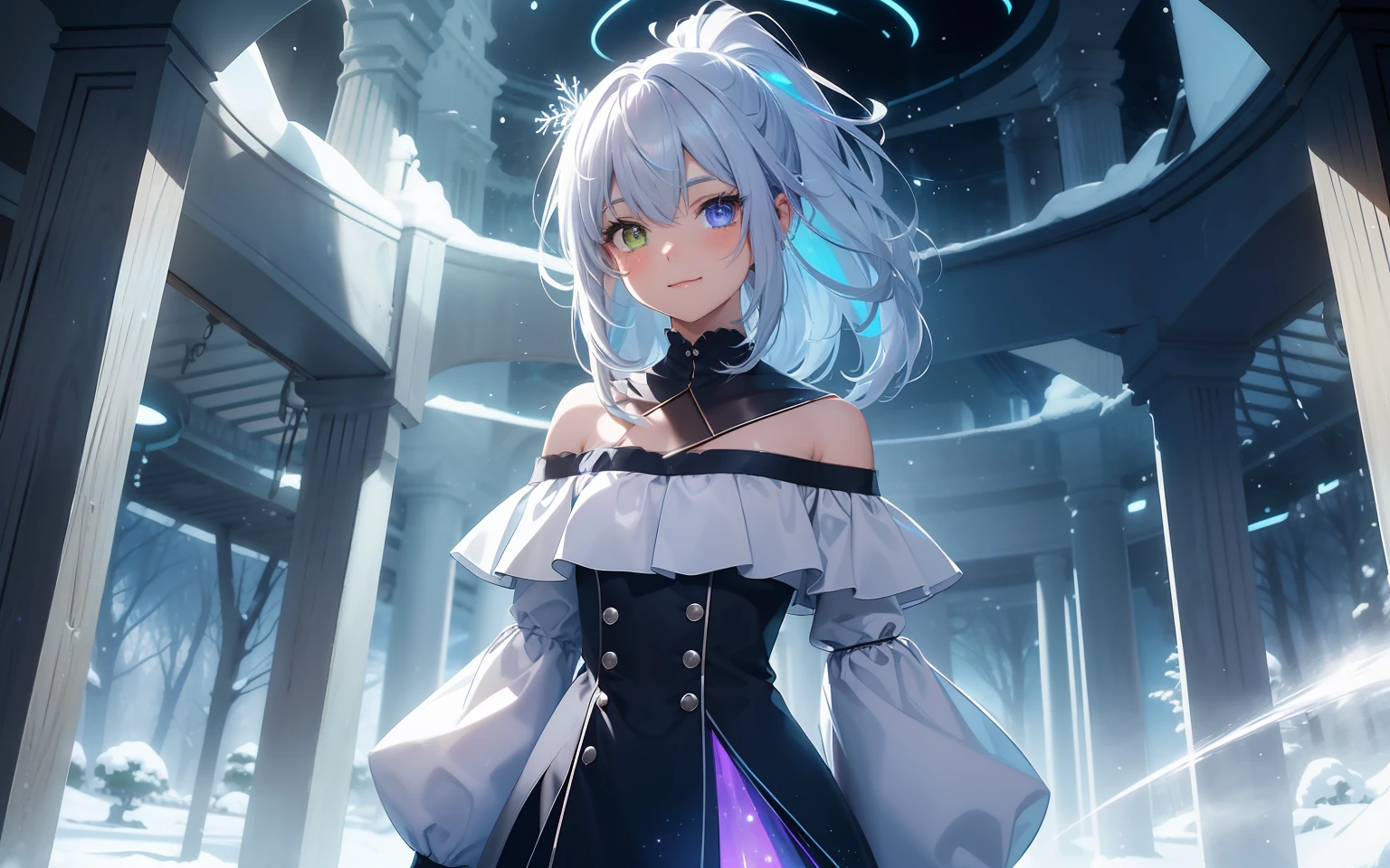 top-quality, Photorealsitic, ultra-detailliert, Delicate, orderly, high detailing,, 10 years old, Embarrassing, Smile, slender, Cowboy Shot, Blurred background, (One Woman: 1.1), Game CG, Dynamic Angle, (bioluminous hair, Glowing eyes: 1.2), Ambient Occlusion, ambient lights, ray tracing reflection, Glow, glowing aura, Glowing hair,bluish-silver ponytail, (Drooping heterochromia iris:1.3),Winters、coat、(off-the-shoulder sweater:1.3)、snowscape、yuki、mont、lake、Sparkling snow、the woods、 Diamond Dust、Flying snowflakes、spark of light,Wind,