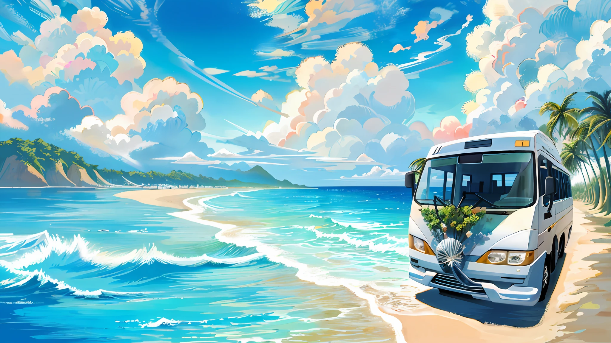 Ultra-high definition 2D art, 2D animation style, soft and delicate depiction, attention also on the bus, landscape mode, masterpieces by A bus traveling on a beautiful coastal road with coconut trees in Sri Lanka, children and people playing on the beach, people playing water sports in the sea, this picture is especially for a business card background