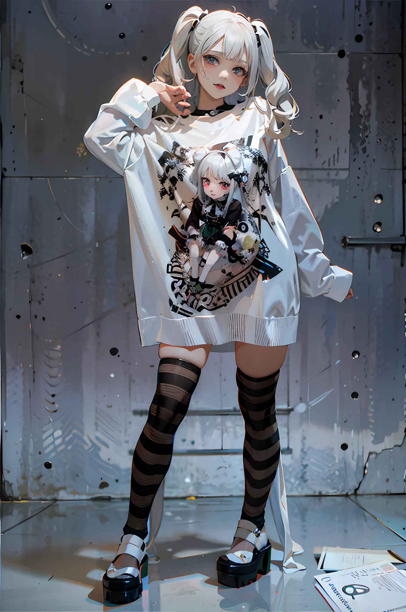 Girl in white shirt and black and white striped stockings, the anime girl is crouching, Witch clothes, portrait a woman like reol, fully body photo, full body portrait shot, full bodyesbian! Shot, modeling photograph kerli koiv, full_Body!!, Silver hair girl, designed for cozy aesthetics!, jpop clothing