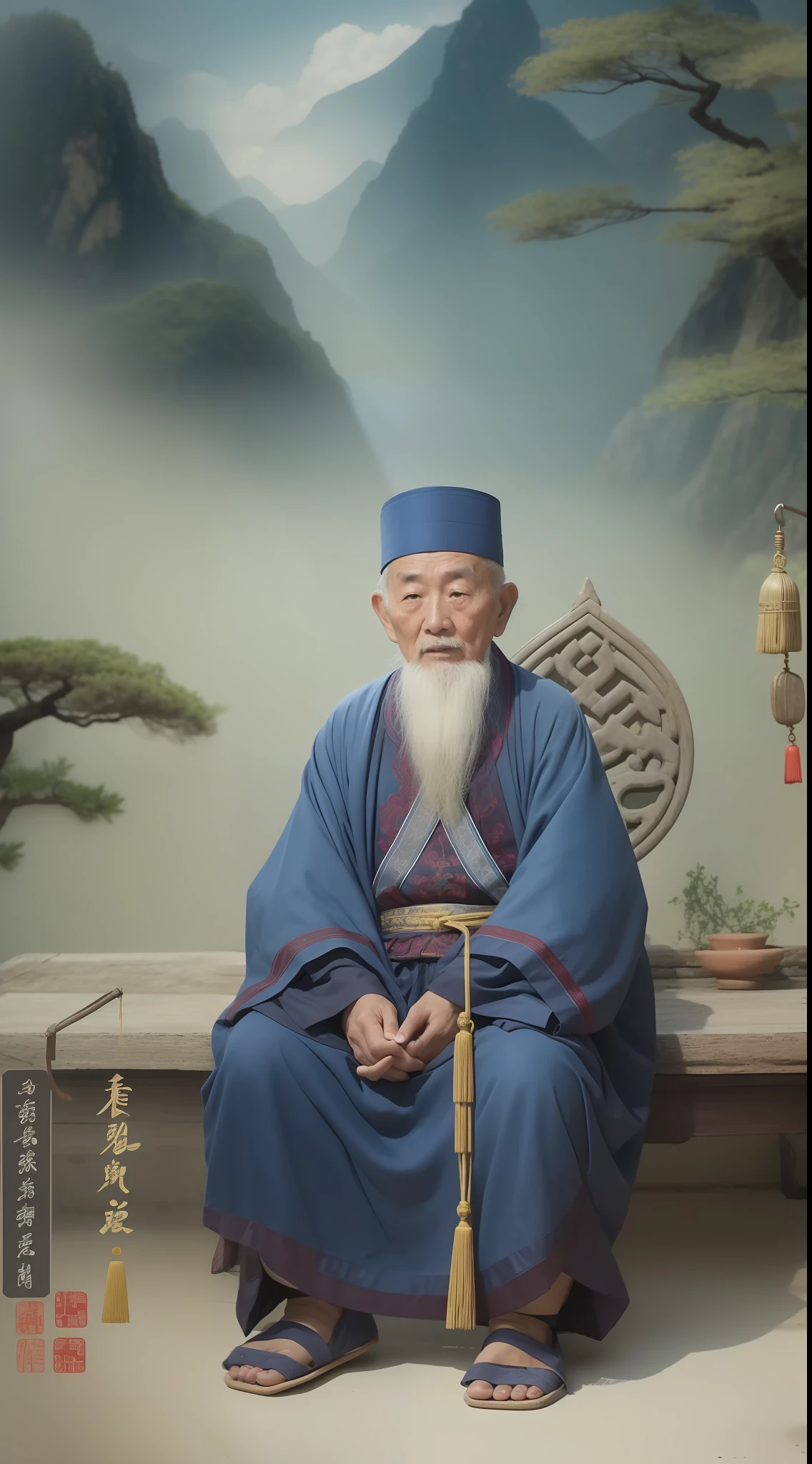 Chinese Ancient Times、sbeard、The eyes have a light of wisdom、Robe、Wrinkles、wisdom、Quiet、Smart grandpa、In the dim candlelight of the deep mountains、Stone podium、Seated audience、The sound of rain outside the house、Blue starry sky, etc。Dress modestly 、Highest image quality、Get close to real people,no headwear、Chinese grandfather、Asian grandpa、Wang Yangming、An old grandfather wise man,There was no one around