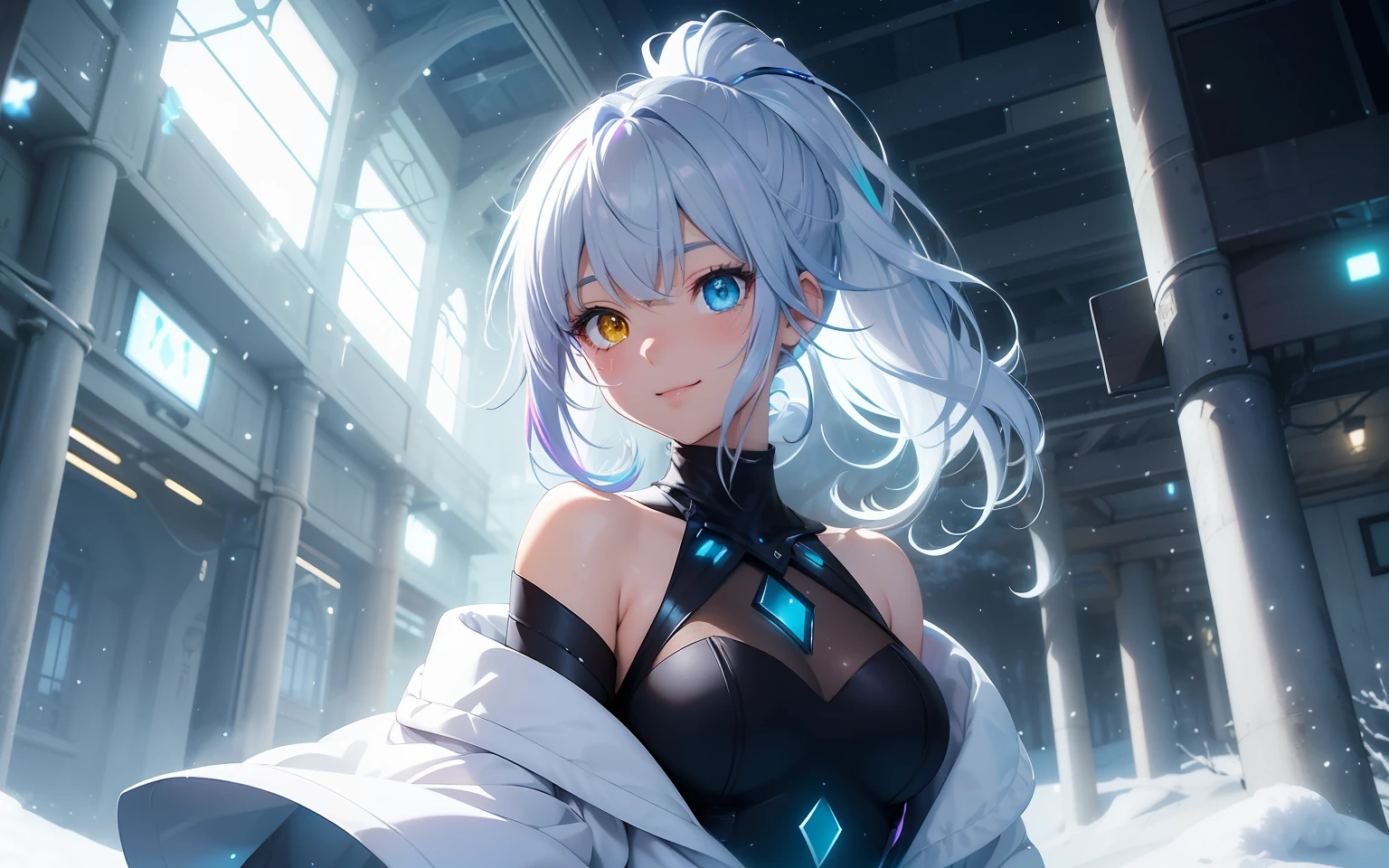 top-quality, Photorealsitic, ultra-detailliert, Delicate, orderly, high detailing,, 10 years old, Embarrassing, Smile, slender, Cowboy Shot, Blurred background, (One Woman: 1.1), Game CG, Dynamic Angle, (bioluminous hair, Glowing eyes: 1.2), Ambient Occlusion, ambient lights, ray tracing reflection, Glow, glowing aura, Glowing hair,bluish-silver ponytail, (Drooping heterochromia iris:1.3),Winters、coat、(off-the-shoulder sweater:1.3)、snowscape、yuki、mont、lake、Sparkling snow、the woods、 Diamond Dust、Flying snowflakes、spark of light,Wind,