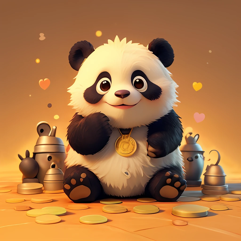 : 3。Baby panda、Cartoony、Furry animals、dark circles、sleep、Sleep in a pile of coins、Many coins、Non-human、Red plain background，Golden beam