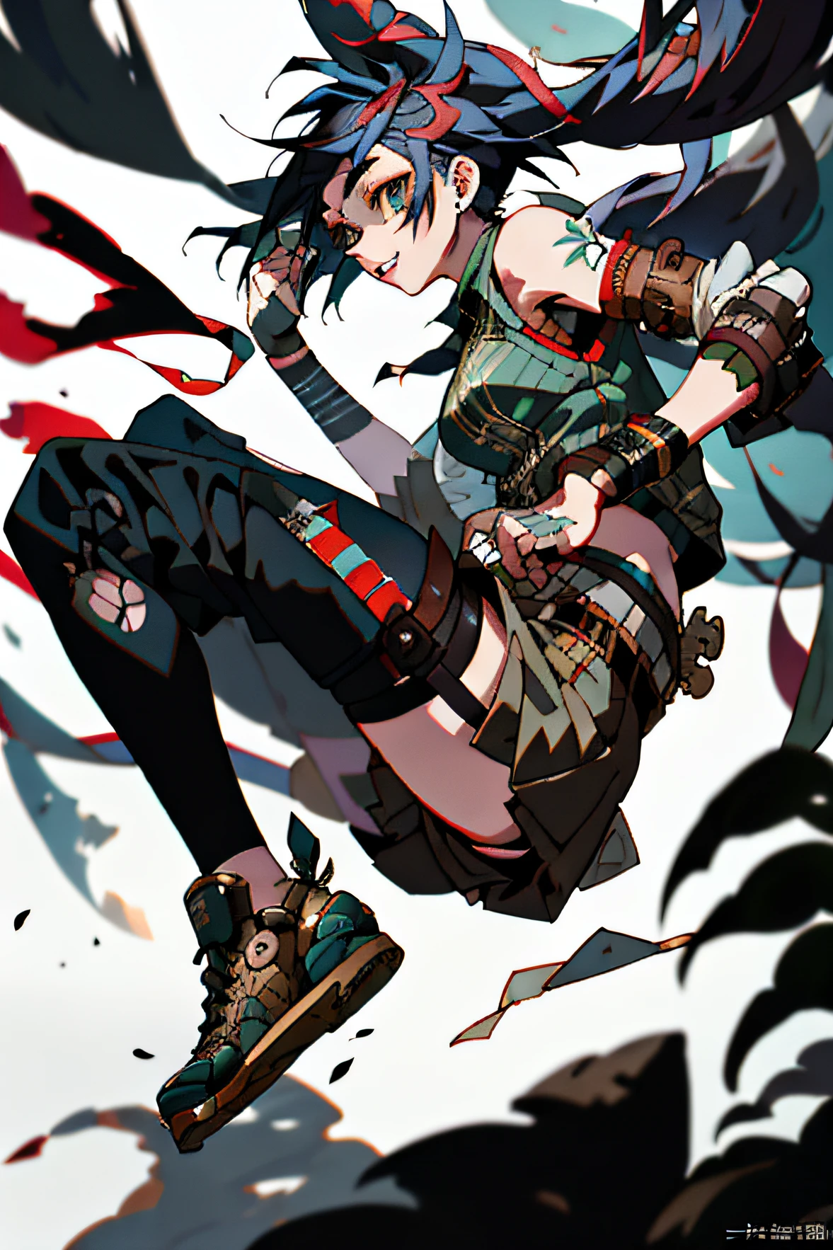 League of Legends Jinx| full-body portraits| Detailed face| 对称| steampunc| Cyberpunk|intricately details| to scale| Hyperrealistic| Mai Yoneyama|Agile action