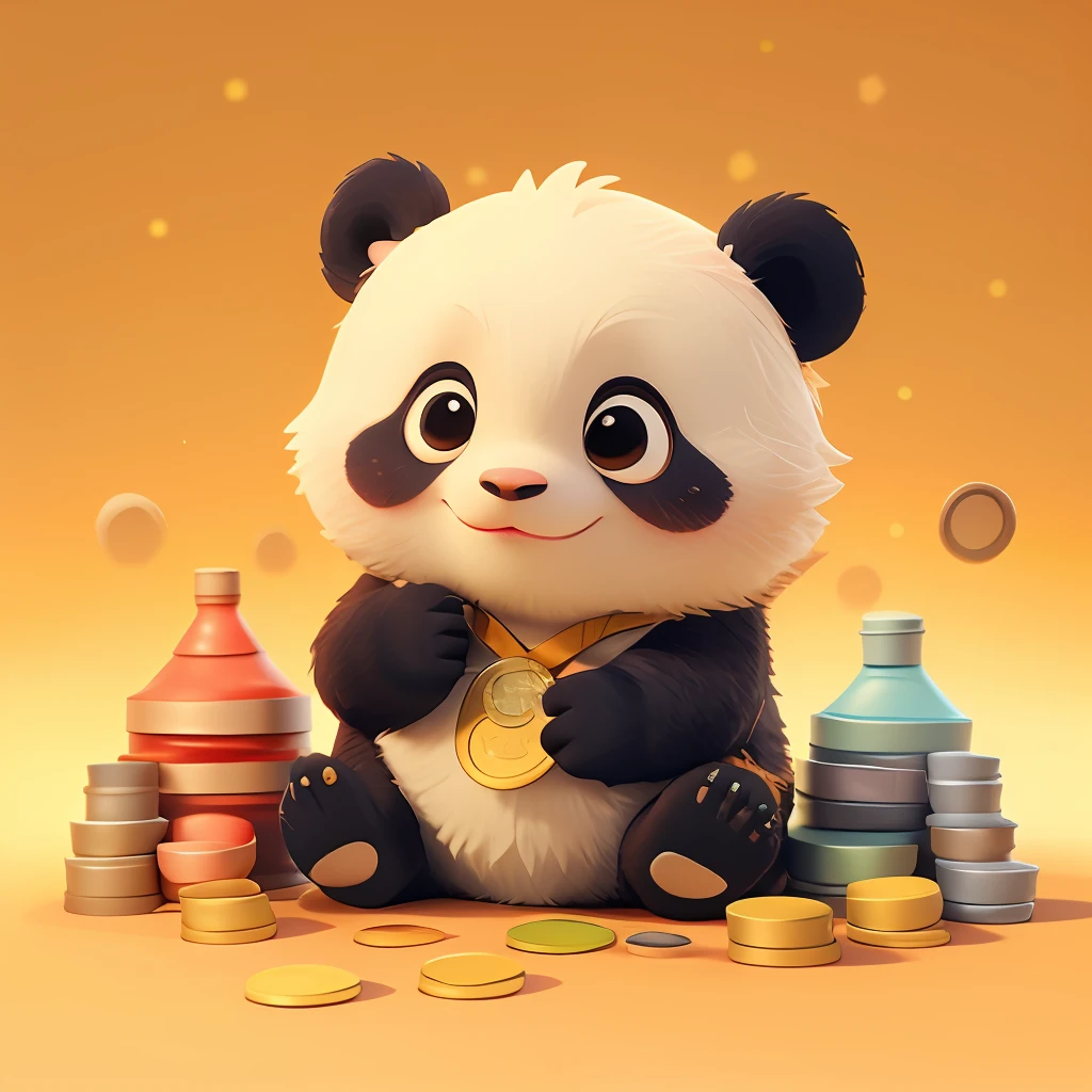 : 3。Baby panda、Cartoony、Furry animals、dark circles、sleep、Sleep in a pile of coins、Many coins、Non-human、Red plain background，Golden-red beam