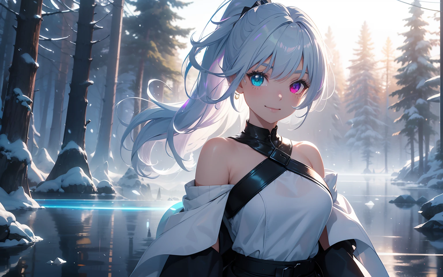 top-quality, Photorealsitic, ultra-detailliert, Delicate, orderly, high detailing,, 10 years old, Embarrassing, Smile, slender, Cowboy Shot, Blurred background, (One Woman: 1.1), Game CG, Dynamic Angle, (bioluminous hair, Glowing eyes: 1.2), Ambient Occlusion, ambient lights, ray tracing reflection, Glow, glowing aura, Glowing hair,bluish-silver ponytail, (Drooping heterochromia iris:1.3),Winters、（off-the-shoulder sweater:1.3)、snowscape、mont、lake、the woods、 Flying snowflakes、Wind,
