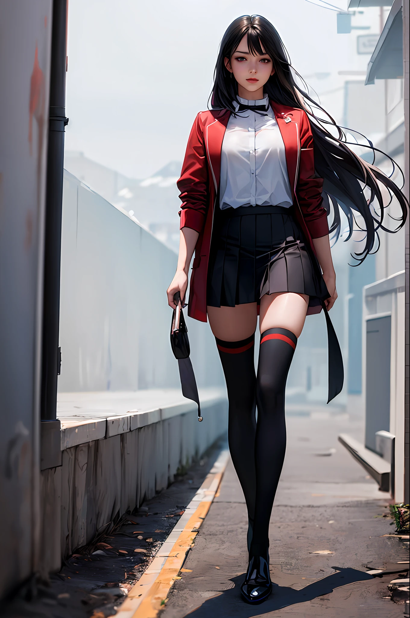 ((masterpiece, best_quality)), 1girl, (photorealistic:1.4), solo, white_background, black_hair, long_hair, zettai_ryouiki, skirt, ((full_body)),