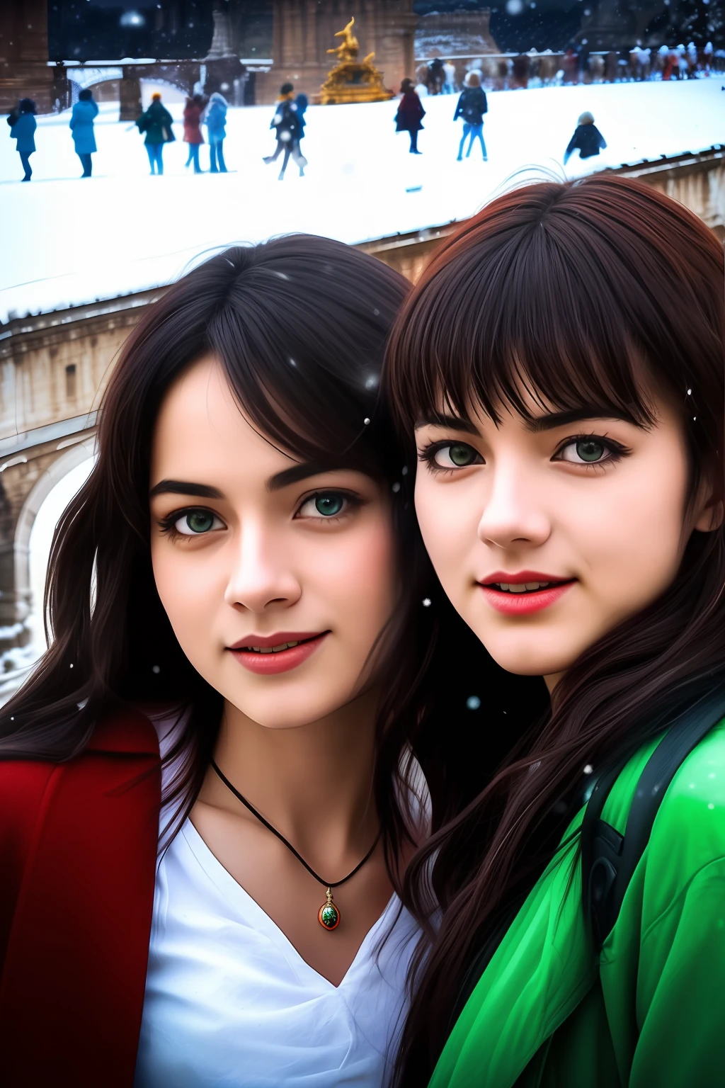 best quality, ultra high res, detailed face, realistic face,RAW photo,2girls,duo,navel,(on the Castel Sant'Angelo of Rome,crowd,winter,Snow),(cheerful, energetic, happy:1.4), green eyes, hair small clip with ladybug,
(hdr:1.4), dramatic, complex background, cinematic, filmic, (rutkowski, artstation:0.8),
insane details, intricate details, hyperdetailed, low contrast, soft cinematic light, exposure blend, hdr ,
