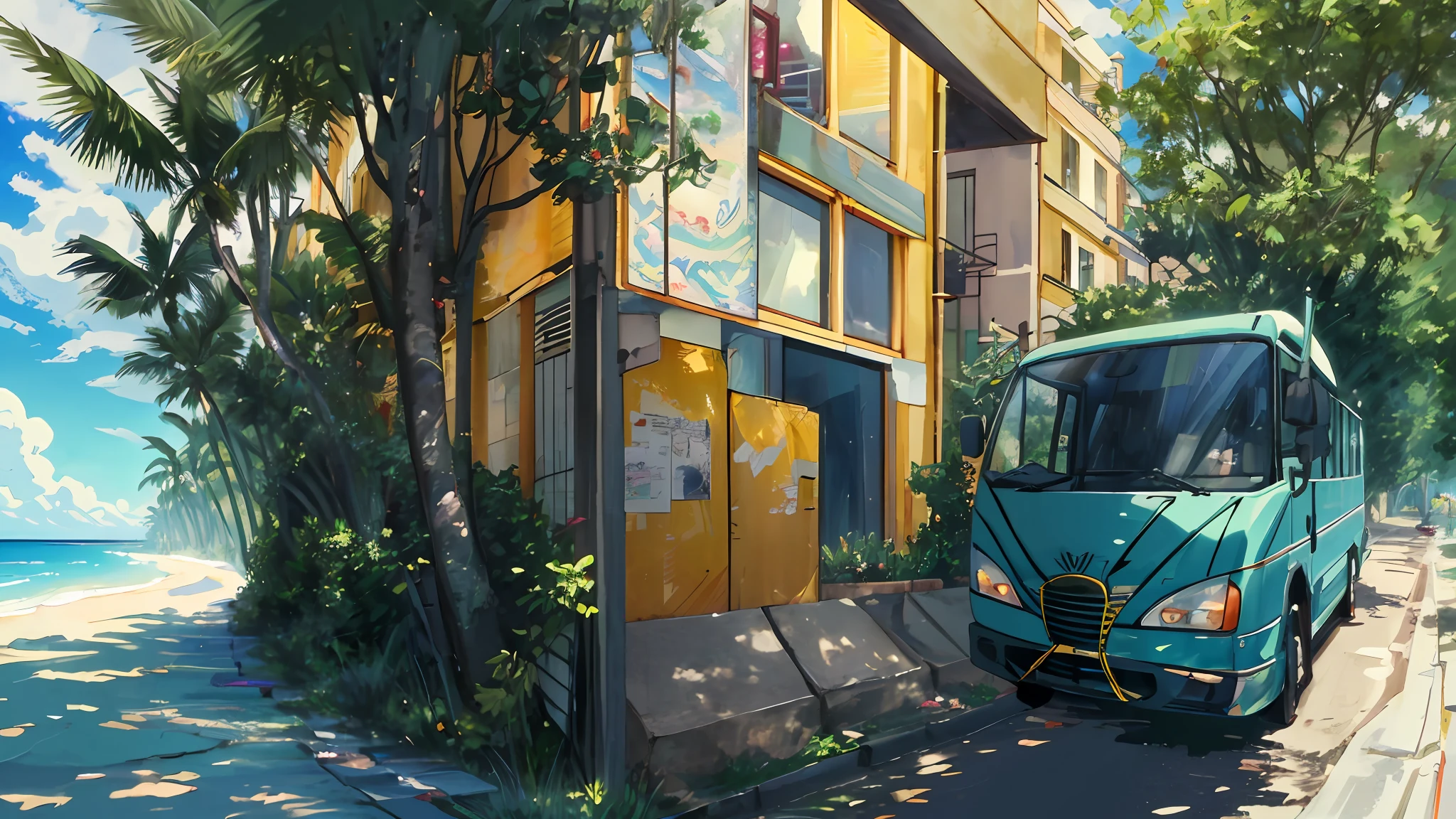 Bus on the road in beach side, for business card, beach, coconut tree, Ultra-high definition 2D art, 2D animation style, soft and delicate depiction, attention also on the bus, landscape mode, colorful, multiple colors, graffiti art