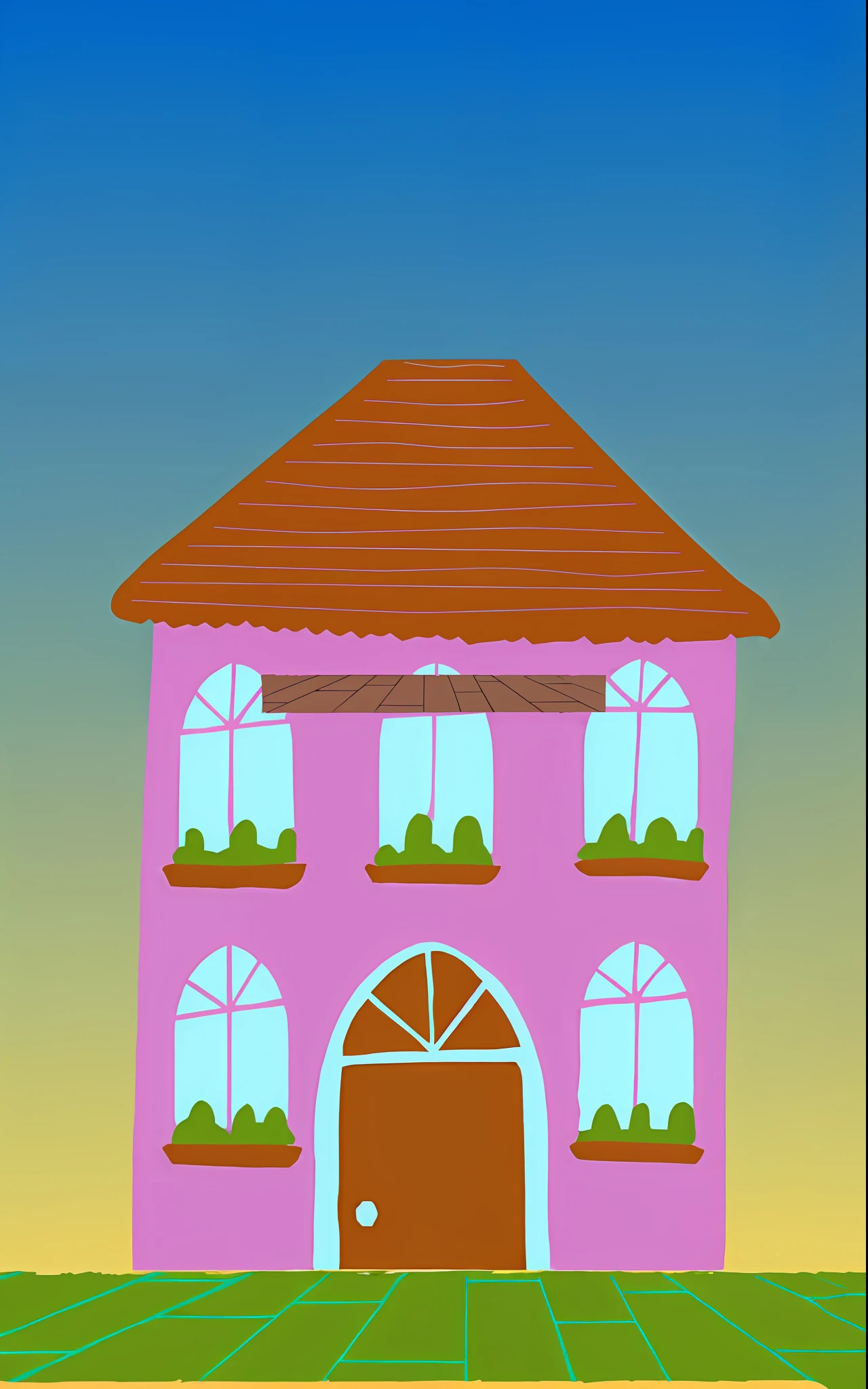 Illustration of a pink house with windows and a door, em uma casa estilo terra doce, casa colorida, house illustration, fundo da casa, casa no fundo, colorful building, Caricato e simplista, casa e casa, cor plana, random background scene, full-colour illustration, artwork of a building, colorful architectural drawing, Casa da Fantasia, pink marble building, full-colour illustration