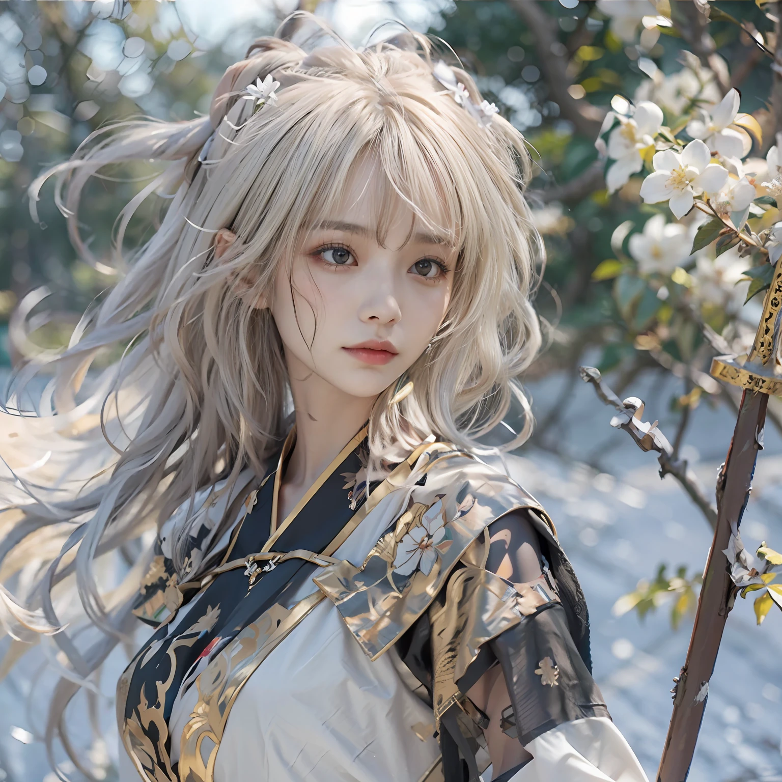 8K, super detailing, a pregirl,(Fighting posture:1.5),独奏, (A long sword in his hand),Hanfu,short skirt, super detailing, tmasterpiece,On the outside,Snowy mountain background,Winters,snowflower,Full body like,(big breasts exposed cleavage,Shoulders exposed,鎖骨),Golden ratio figure,scowling, beauitful face,rape face, White hair, messy hair, From the side Side,Eyes full of details,Optimal proportions of four fingers and one thumb,