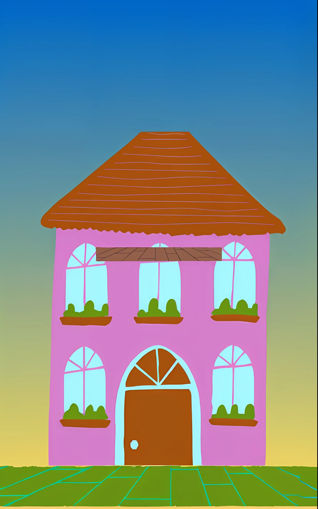 Illustration of a pink house with windows and a door, em uma casa estilo terra doce, casa colorida, house illustration, fundo da casa, casa no fundo, colorful building, Caricato e simplista, casa e casa, cor plana, random background scene, full-colour illustration, artwork of a building, colorful architectural drawing, Casa da Fantasia, pink marble building, full-colour illustration