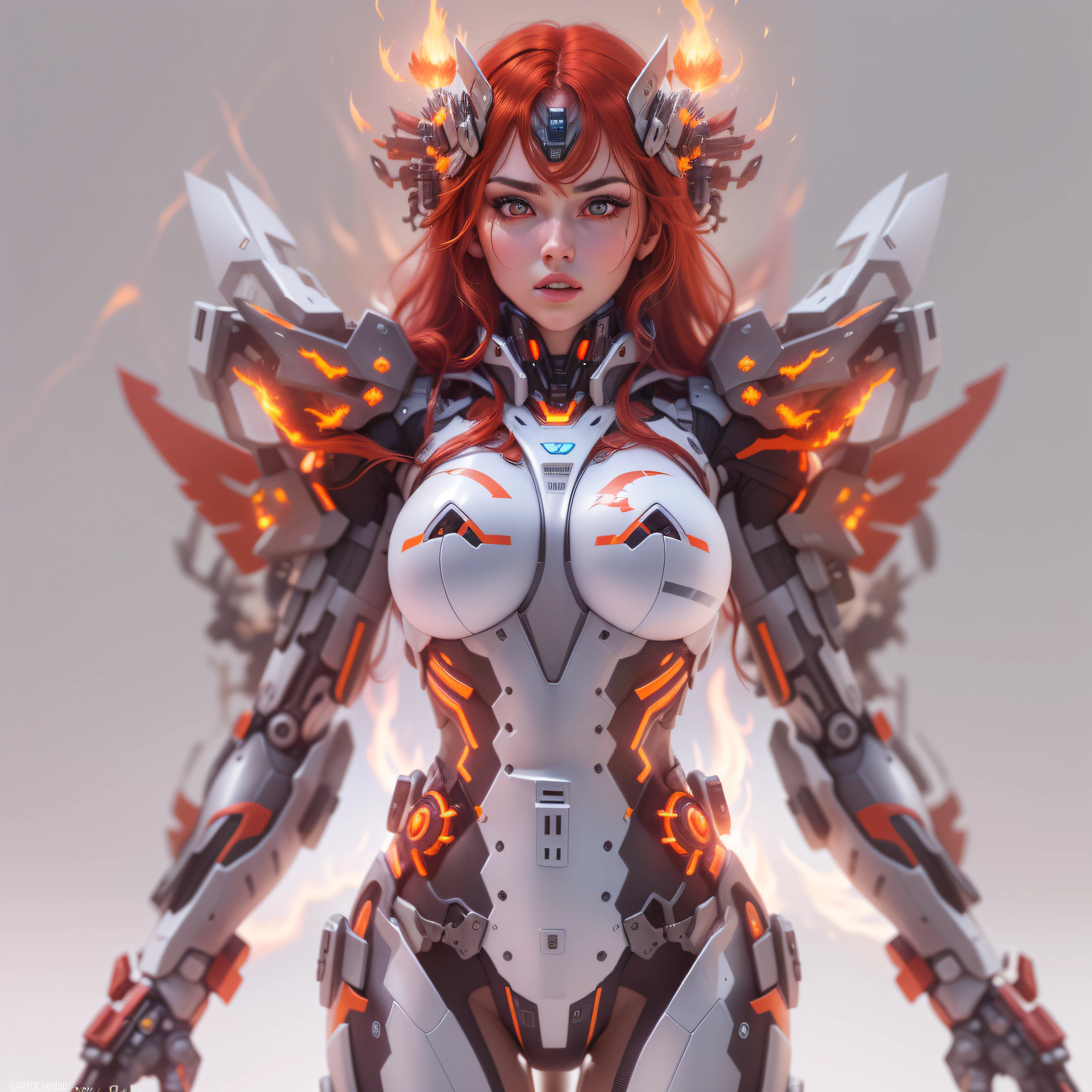 (8k, RAW photo, best quality, masterpiece:1.2), (realistic, photo-realistic:1.37), ultra high res, ultra-detailed ,full body, ((full-body shot)), woman, beautiful detailed eyes, beautiful detailed lips, professional lighting, photon mapping, radiosity, physically-based rendering, detailed symmetrical lips, extremely detailed eyes and face, symmetrical mouth, extremely detailed face, symmetrical eyes ,detailed eyebrows, extremely detailed eyes, beautiful detailed eyes, extremely detailed face , light on face, (full body), looking at viewer, ((red hair)), ((long hair)), ((fairy)), ((mecha suit)), ((neon mechanical fire wings)), ((cyberpunk)), ((legs)), ((energy core at centre of body)), ((fire sword)), _stardeaf-cold-arc_ ((octane render))