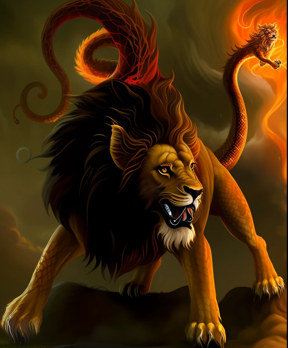 painting of a lion with a snake on its back, manticore, chimera, fire lion, aries fiery ram tarot, greek myth digital painting, menacing!!!, mythical creatures, gorgon, narasimha, male centaur centaur chimera, mythical creature, menacing!, lord of beasts, greek dark myth, balrog, the king of hell