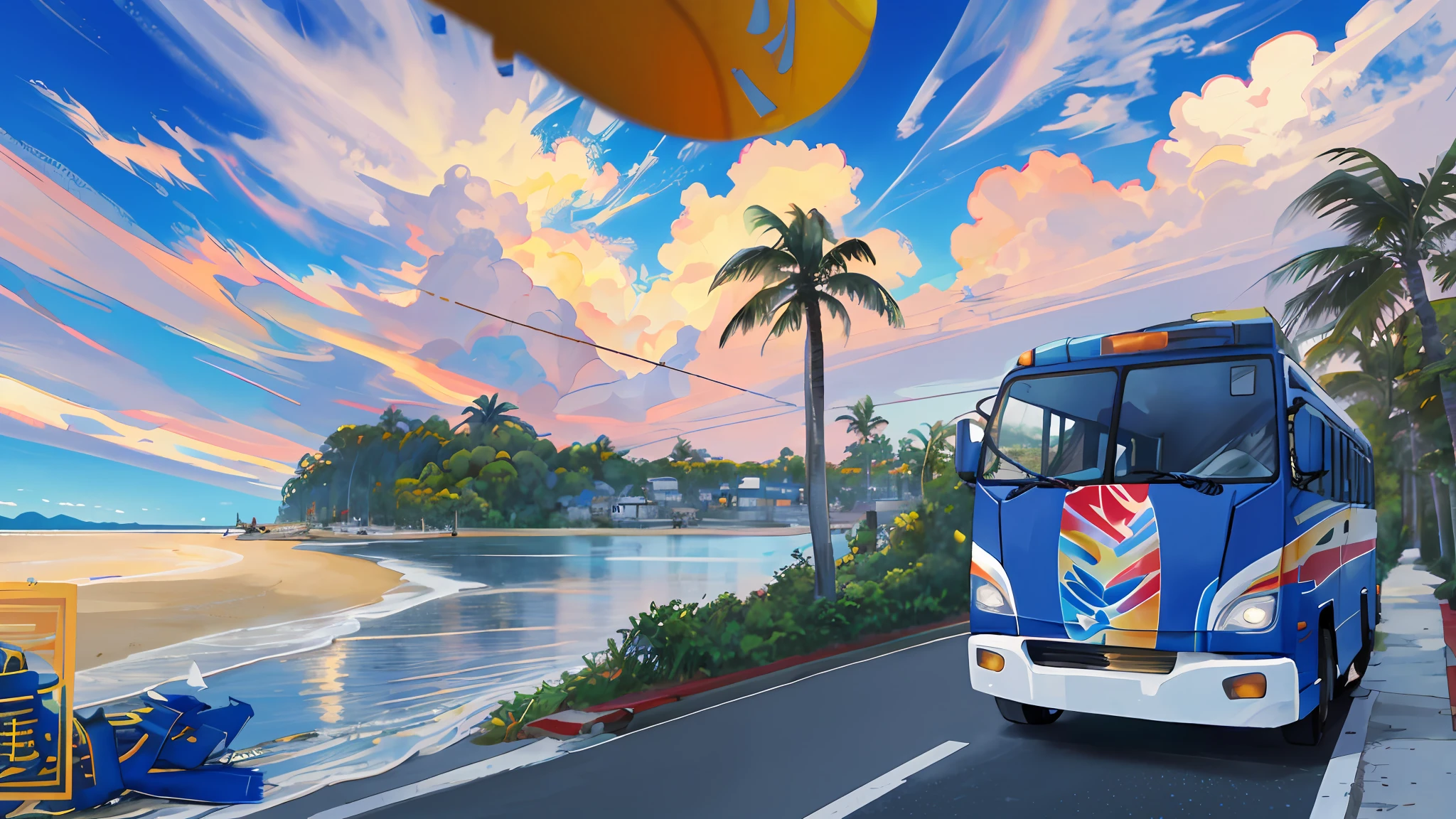 Bus on the road in beach side, for business card, beach, coconut tree, Ultra-high definition 2D art, 2D animation style, soft and delicate depiction, attention also on the bus, landscape mode, colorful, multiple colors, graffiti art
