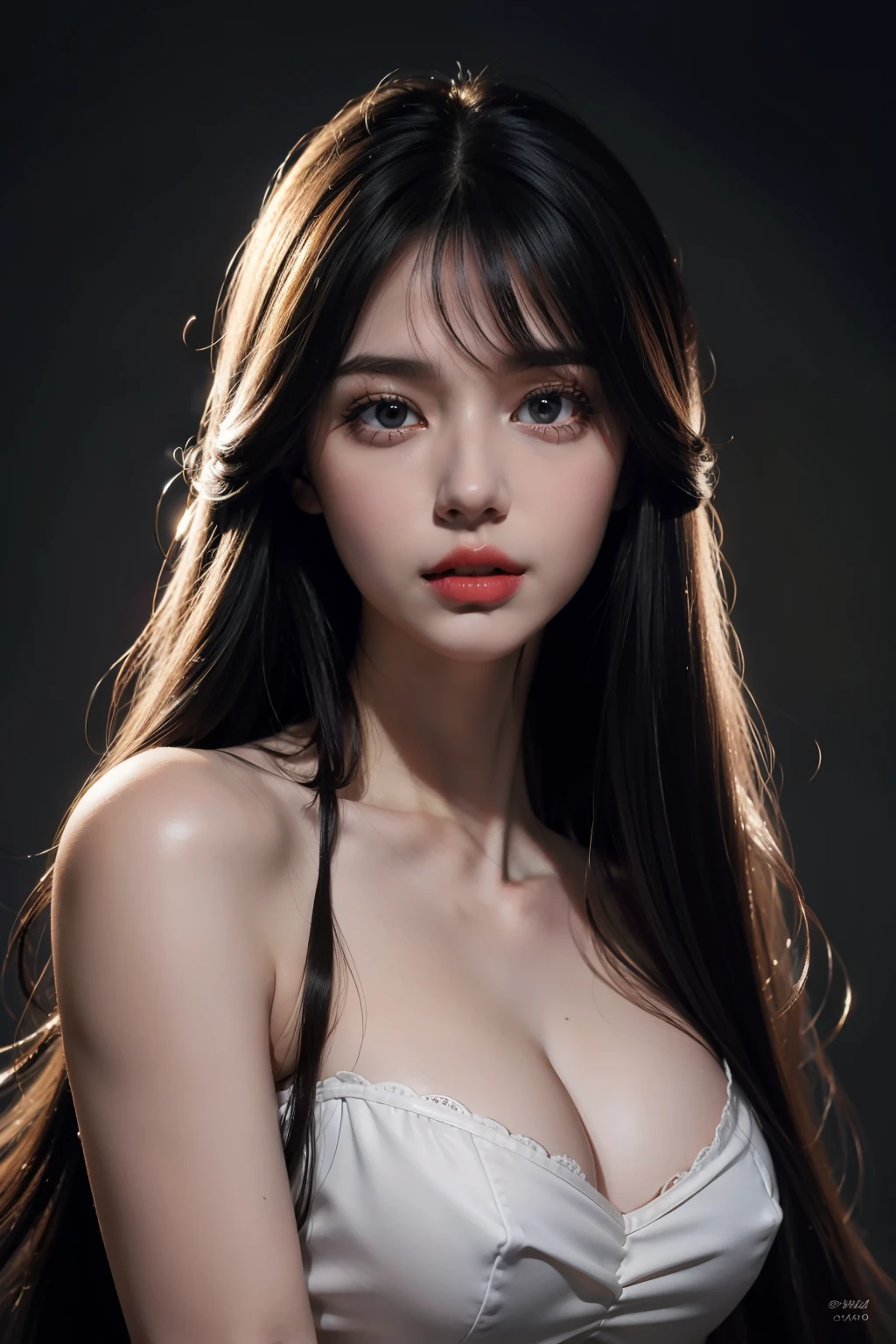 long whitr hair, White, long eyelasher, Redlip, tmasterpiece, Need, black hair, shy, chiaroscuro, UHD, best quality, super detail, anatomically correct, high details, high quality, highres, 4K