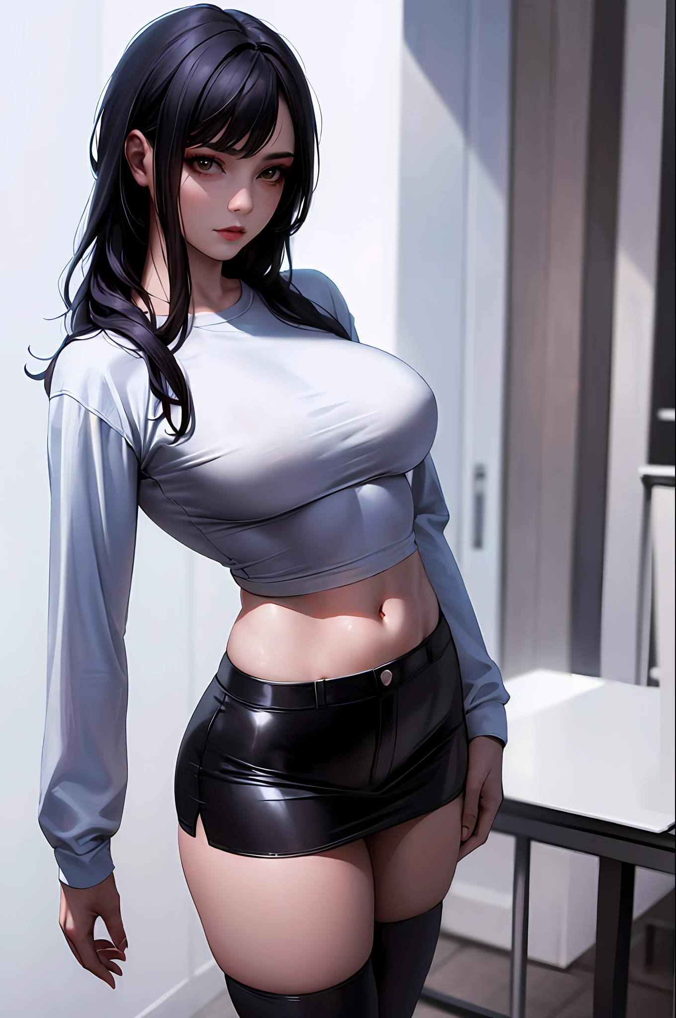 ((masterpiece, best_quality)), 1 girl, (photorealistic:1.4), natural make up, white_background, black_hair, long_hair,  waist, navel, zettai_ryouiki, over size long sleeve XL T-shirt, mini skirt, ((full_body)), delicated nice body