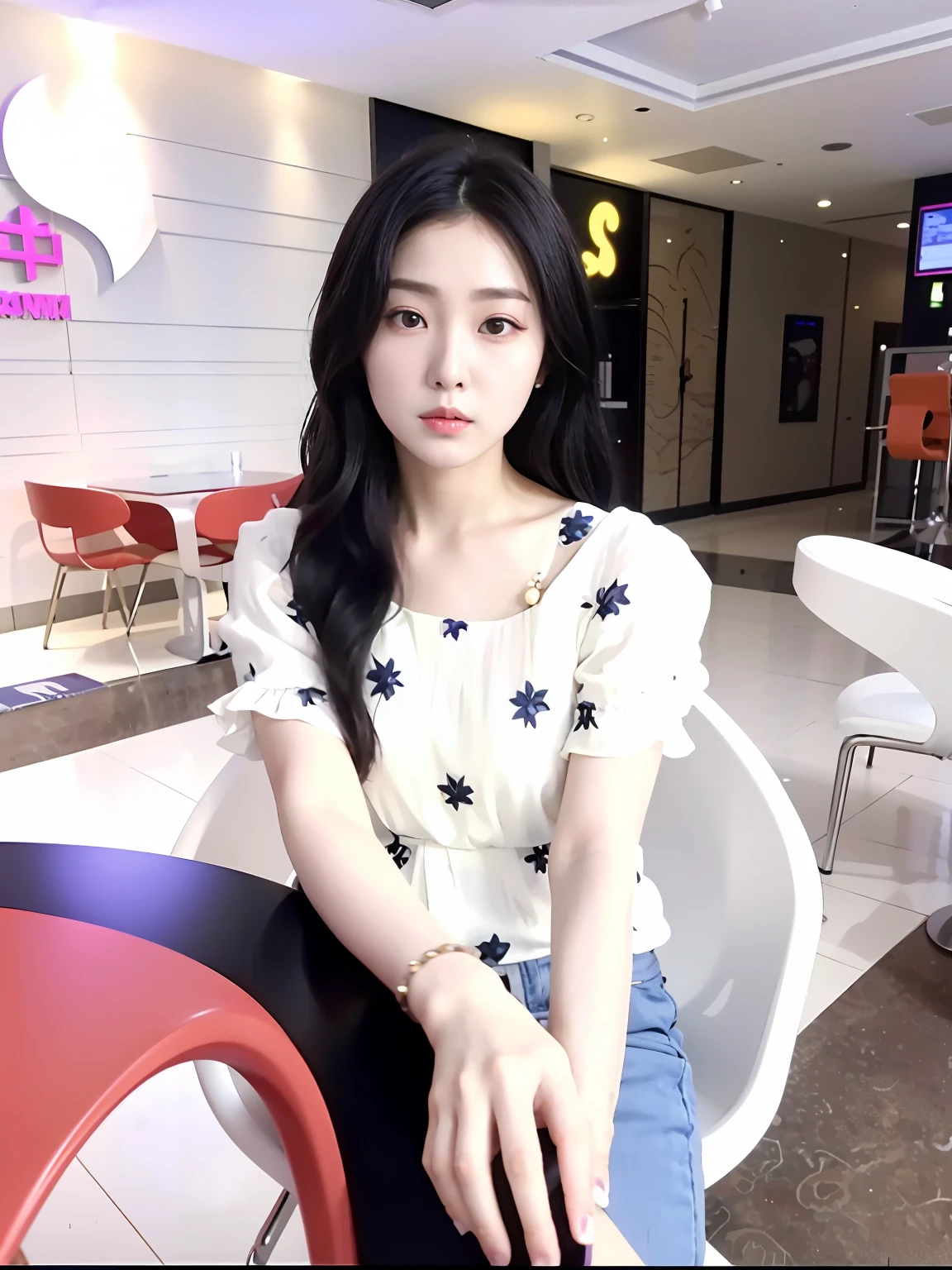 The woman sat in a chair in the room,There is a red chair, smooth white tight clothes suit, trending at cgstation, ulzzangs, gorgeous chinese models, Chinese girl, Korean girl, Gorgeous young Korean woman, dilraba dilmurat, xintong chen, 2 4 year old female model, very very low quality