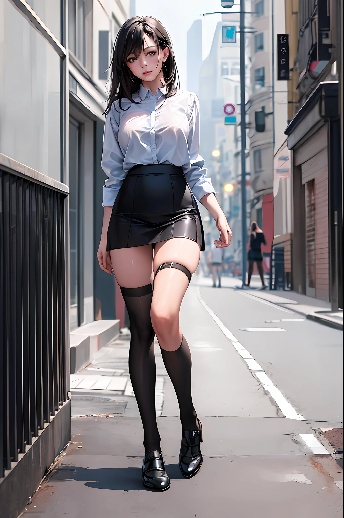 ((masterpiece, best_quality)), 1girl, (photorealistic:1.4),  solo, white_background, black_hair, long_hair,   zettai_ryouiki, oversized shirt, mini skirt, ((full_body)),