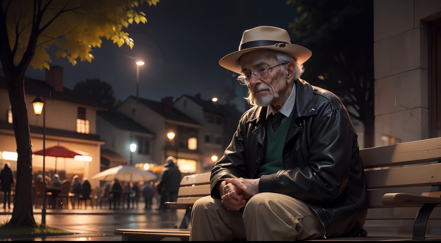 Em uma noite chuvosa de outono, An elderly man is sitting on a square bench. As gotas de chuva escorrem pelo seu rosto e ele olha para o vazio, with an expression of melancholy. The tree behind him, com folhas douradas caindo, it seems to reflect the longing for the memories he carries. painting oil on canvas, --ar 16:9 --v 5.