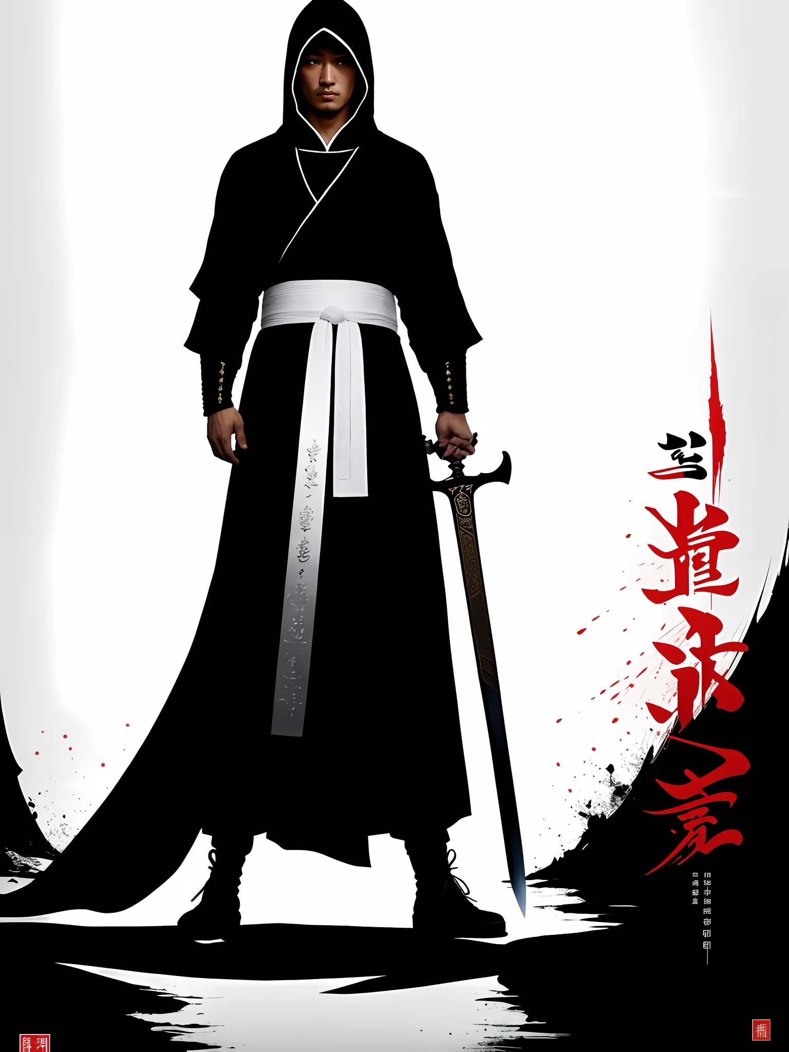 Arad man standing in front of white background with sword in hoodie, full-body wuxia, inspired by Gang Hui-an, character poster, swordsman, Inspired by Seki Dosheng, hsiao-ron, key character poster, Wuxia, jin shan, inspired by Fan Kuan