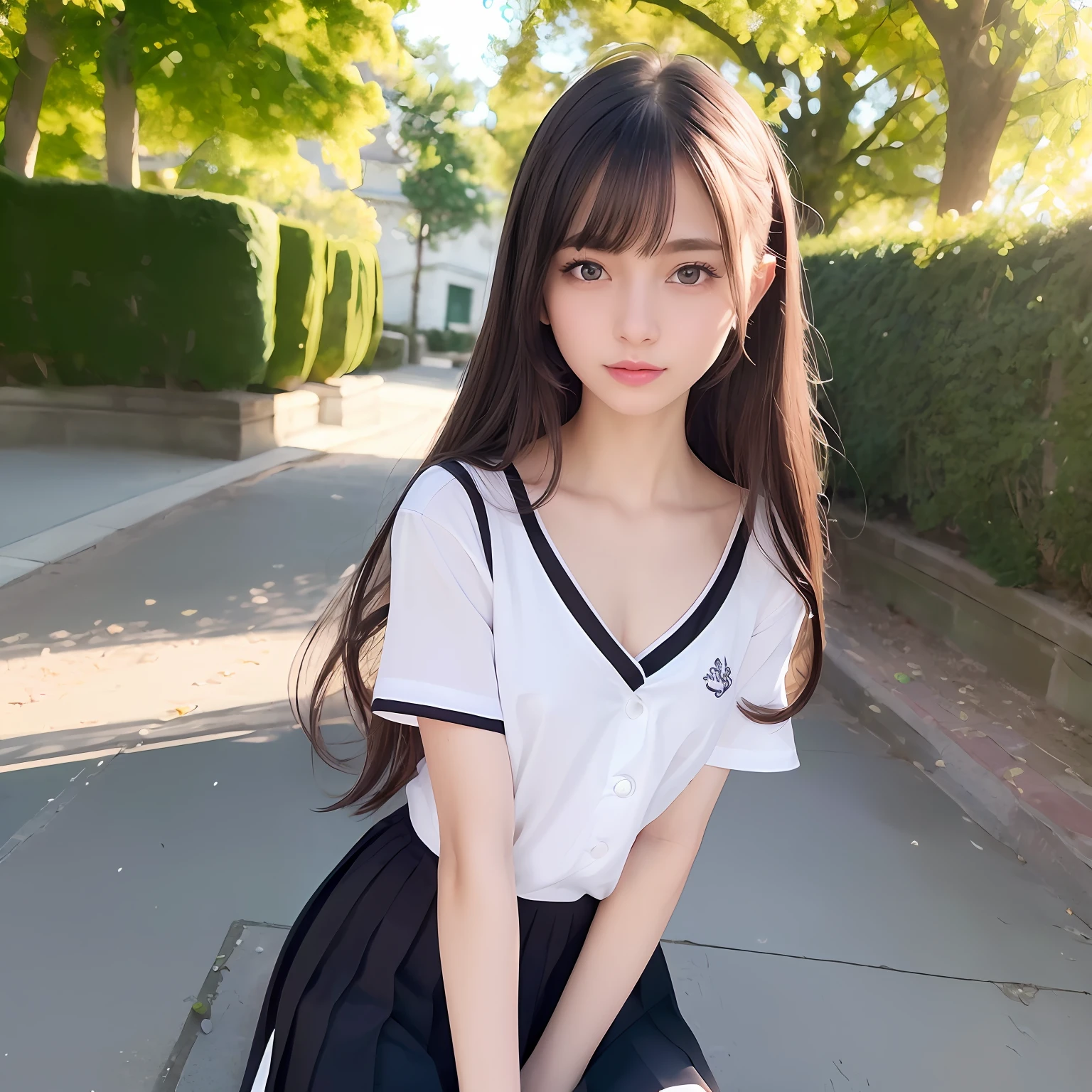 (Highly detailed CG Unity 8k wallpaper), (masterpiece), (best quality), (super detailed), (best illustration), (best shadow), (photorealistic: 1.5), (PureErosFace_V1: 0.5), look at the viewer, real human skin, lens flare, shade, backlight, bloom, depth of field, natural light, hard focus, film grain,
1 girl, 21 years old, solo, skinny, pale skin, soft lips, (thin eyebrows: 1.4), shiny brown eyes, black very long straight hair, small breasts, beautiful detailed sky, detailed west garden (crowd: 1.2), sunshine, (blush of nose), beautiful detailed eyes, white Japan school uniform, sailor suit, dark red pleated skirt, sneakers