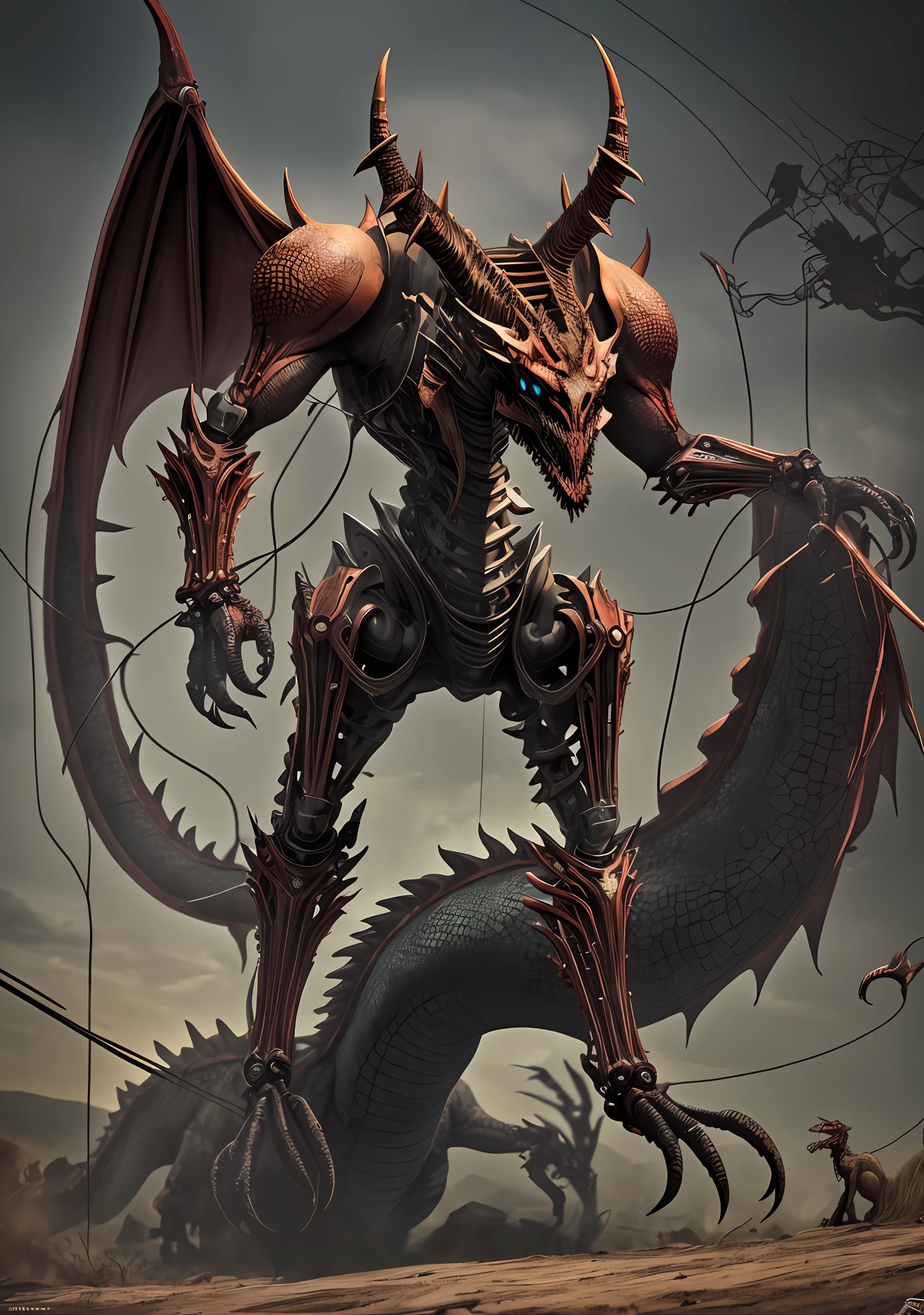 Zombie dragon with biomechanical parts, 450 metros de altura, Cuerpo robusto, One small arm deformed and the other arm very granad with long and sharp claws, cabeza de cuello corto, sin boca, with three small horns and with four rows of eyes of three each, Gigantic biomechanical wings, Patas de elefante con afiladas garras, Long tail with a dragon skull attached to its body with wires, Biomechanical and scary aspect, standing on top of a large mountain --auto --s2