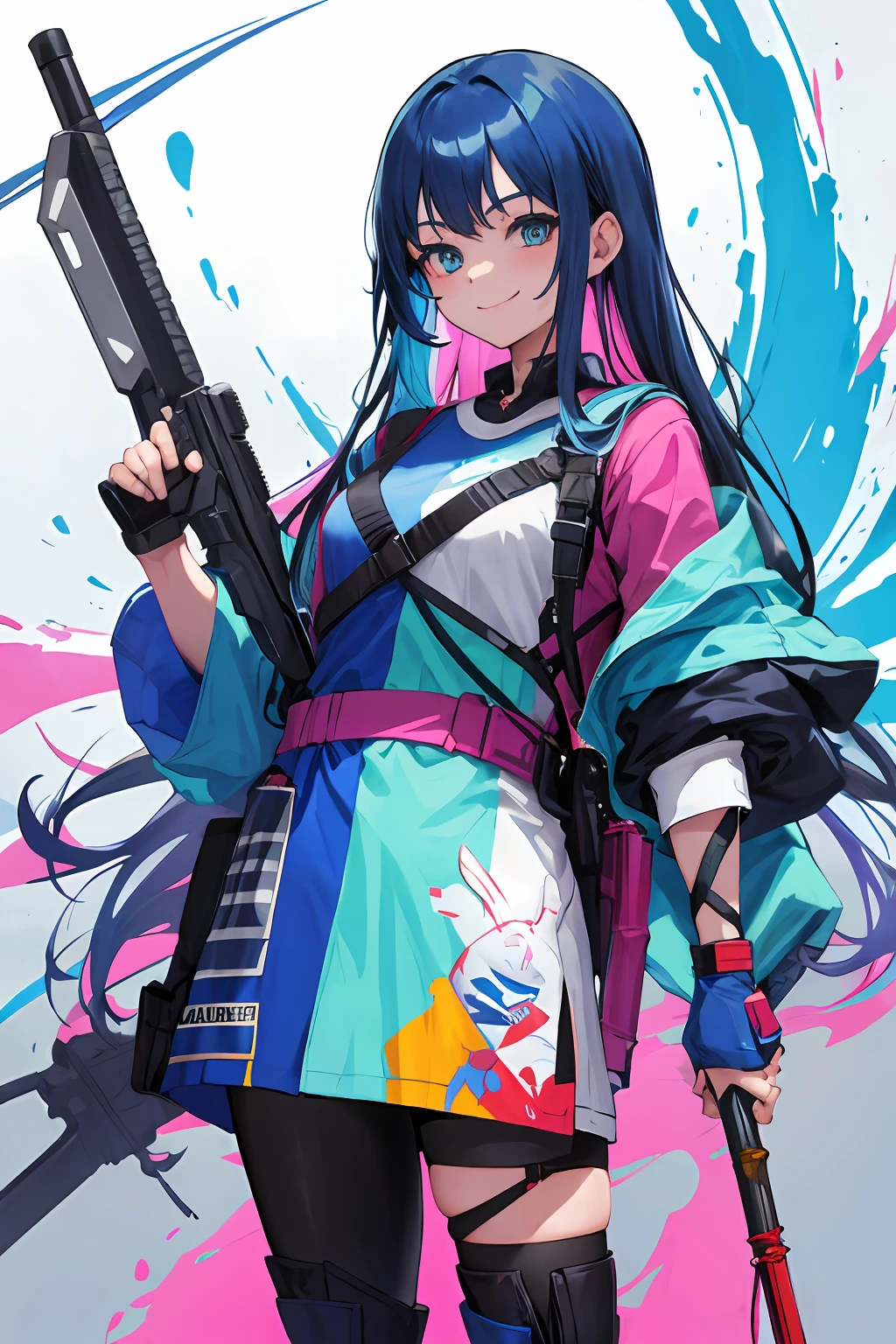 Blue hair, broad smile.Colorful clothes and weapon in right hand