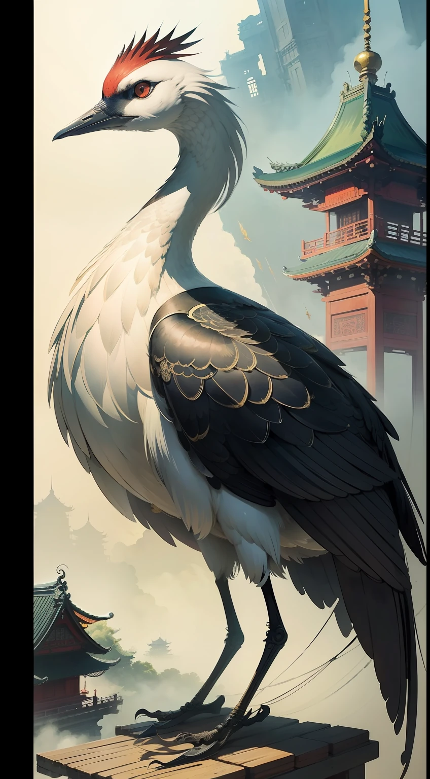 A dynamic Chinese style, crane, gorgeous crane Complex details, gorgeous, detailed illustrations, intense rendering By Yoshitaka Amano Popular on the art stage, Watercolor, ink painting