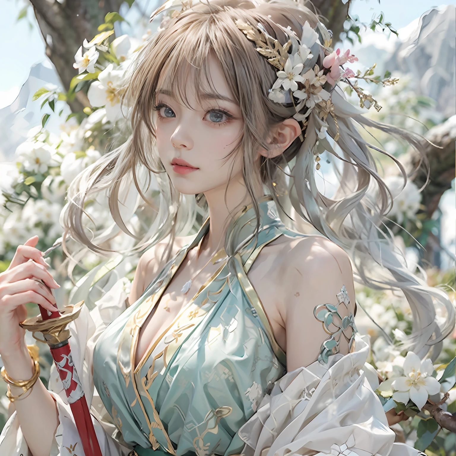 8K, super detailing, a pregirl,(Fighting posture:1.5),独奏, (A long sword in his hand),Hanfu,short skirt, super detailing, tmasterpiece,On the outside,Snowy mountain background,Winters,snowflower,Full body like,(big breasts exposed cleavage,Shoulders exposed,鎖骨),Golden ratio figure,scowling, beauitful face,rape face, White hair, messy hair, From the side Side,Eyes full of details,Optimal proportions of four fingers and one thumb,