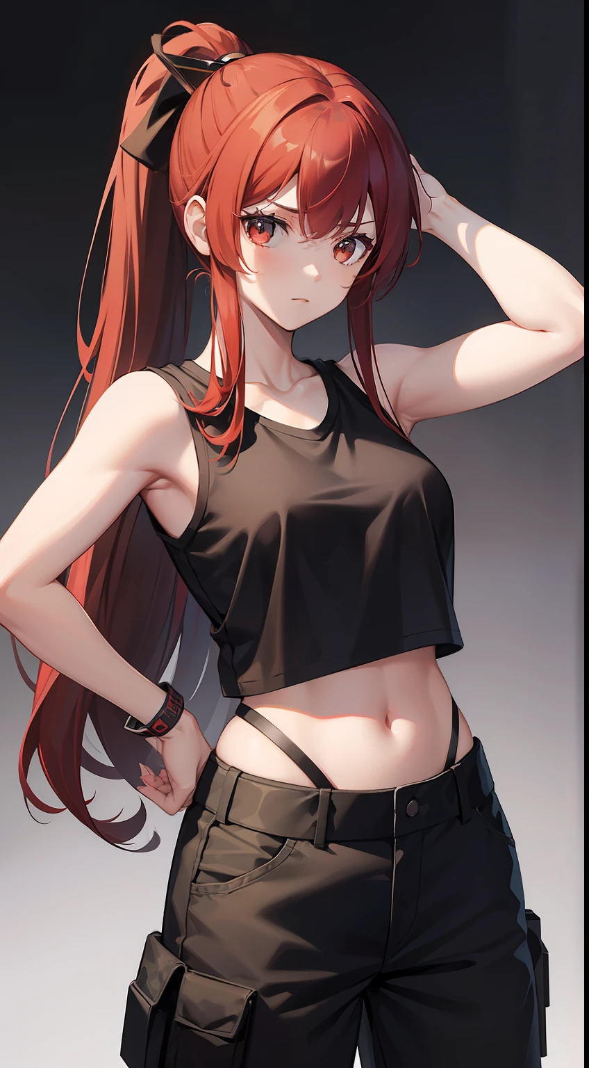 young girl, Long red hair, high ponytail, brown eye, Black sleeveless t-shirt, open belly, camouflage military pants, Katanas, Masterpiece, hiquality