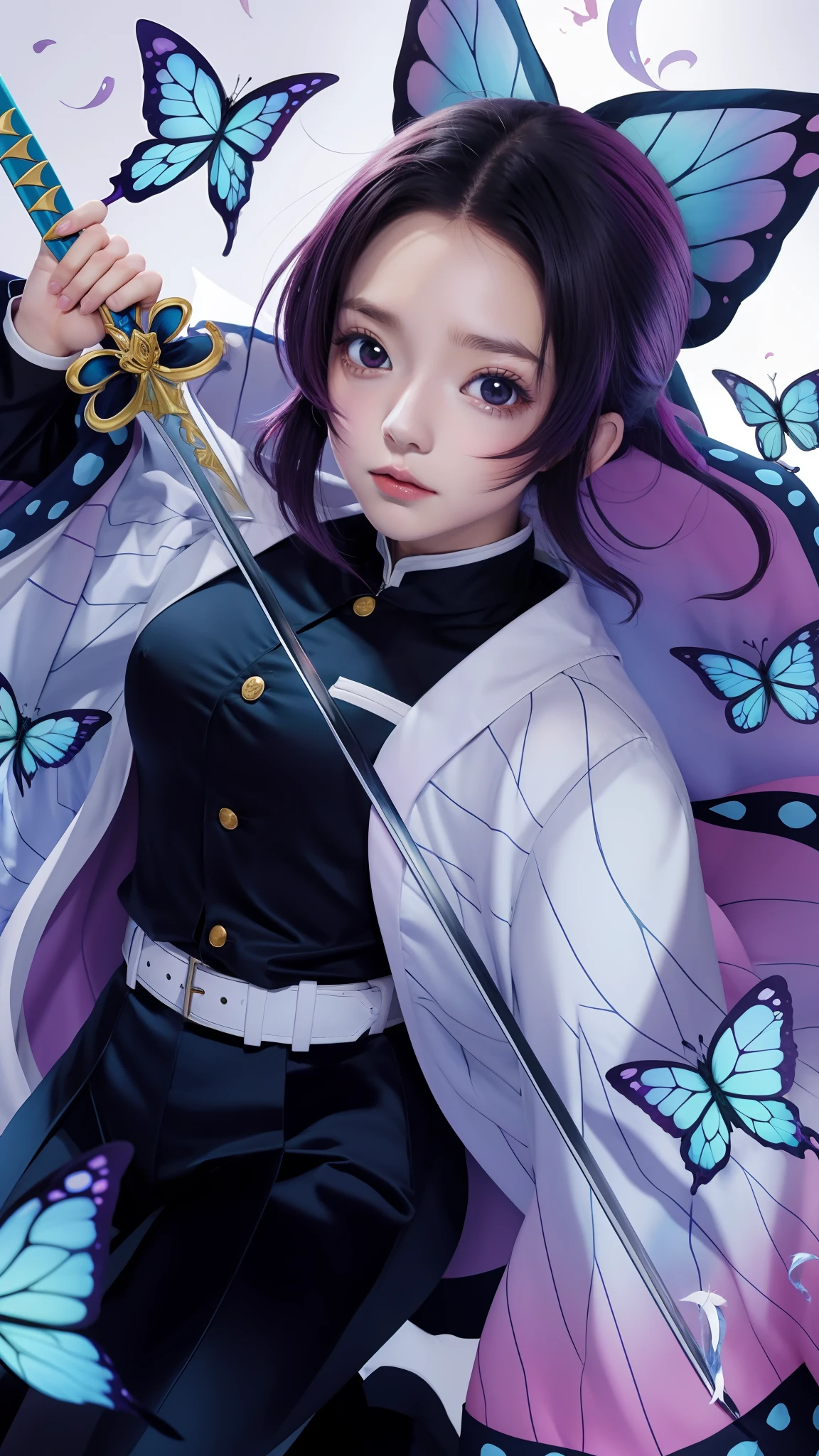 Menina anime com asas de borboleta segurando uma espada e uma borboleta, Demon Slayer rui fanart, estilo de arte demon slayer, cara bonito na arte demon slayer, anime moe artstyle, Maya Fey, da Ace Attorney, arte de anime limpa e detalhada, menina treinador do inseto, fanart detalhado, fanart requintada altamente detalhada, arte oficial altamente detalhada, arte anime de alta qualidade, arte detalhada do personagem de anime, melhor qualidade, 8k