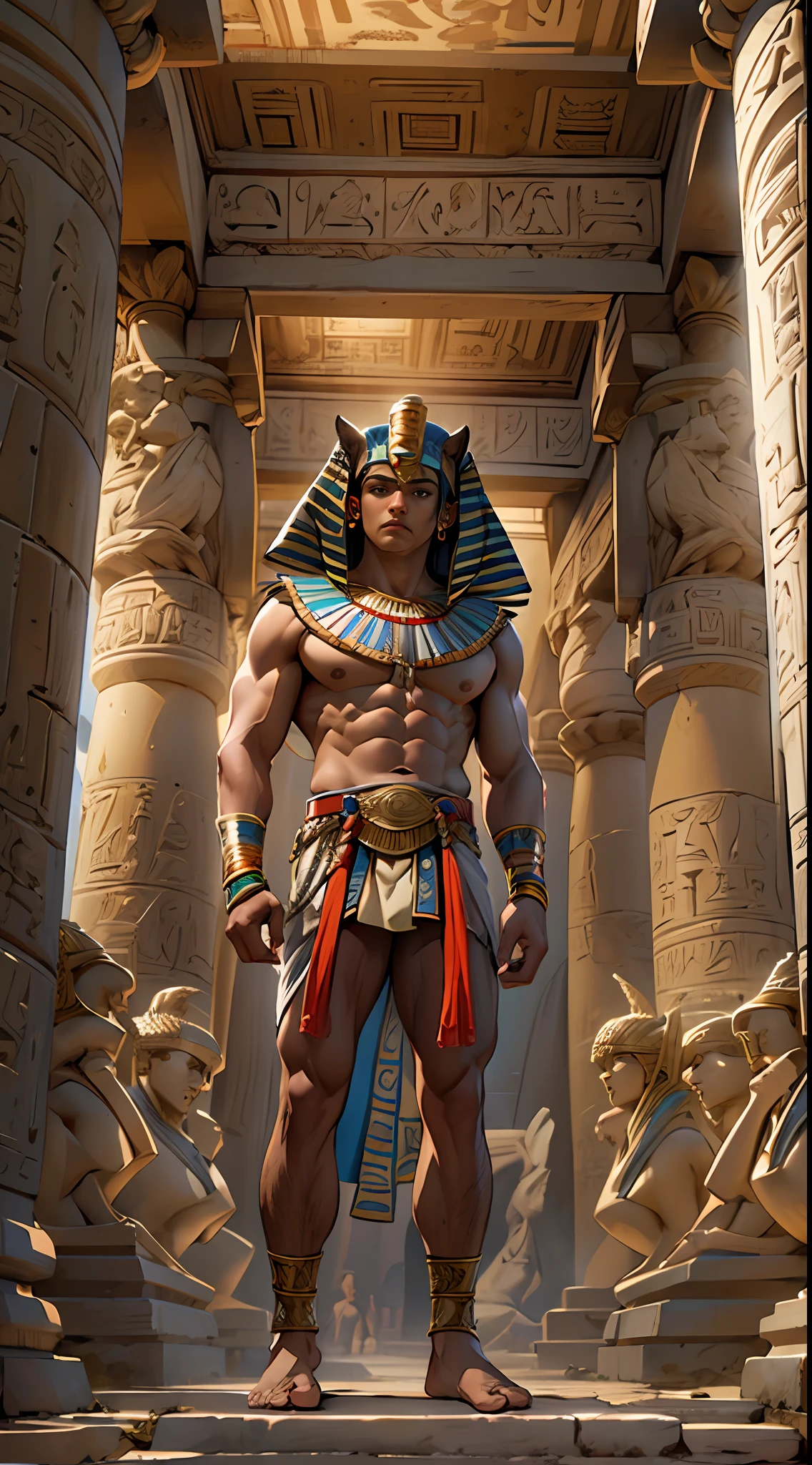 Powerful warrior, chest bared, lower body uncovered from thighs to feet, luxuriant long curls, meticulous muscle definition, photorealistic rendering, 4K resolution. Background: Ancient Egyptian temple complex,32k uhd, best quality, masterpiece, super detail, high details